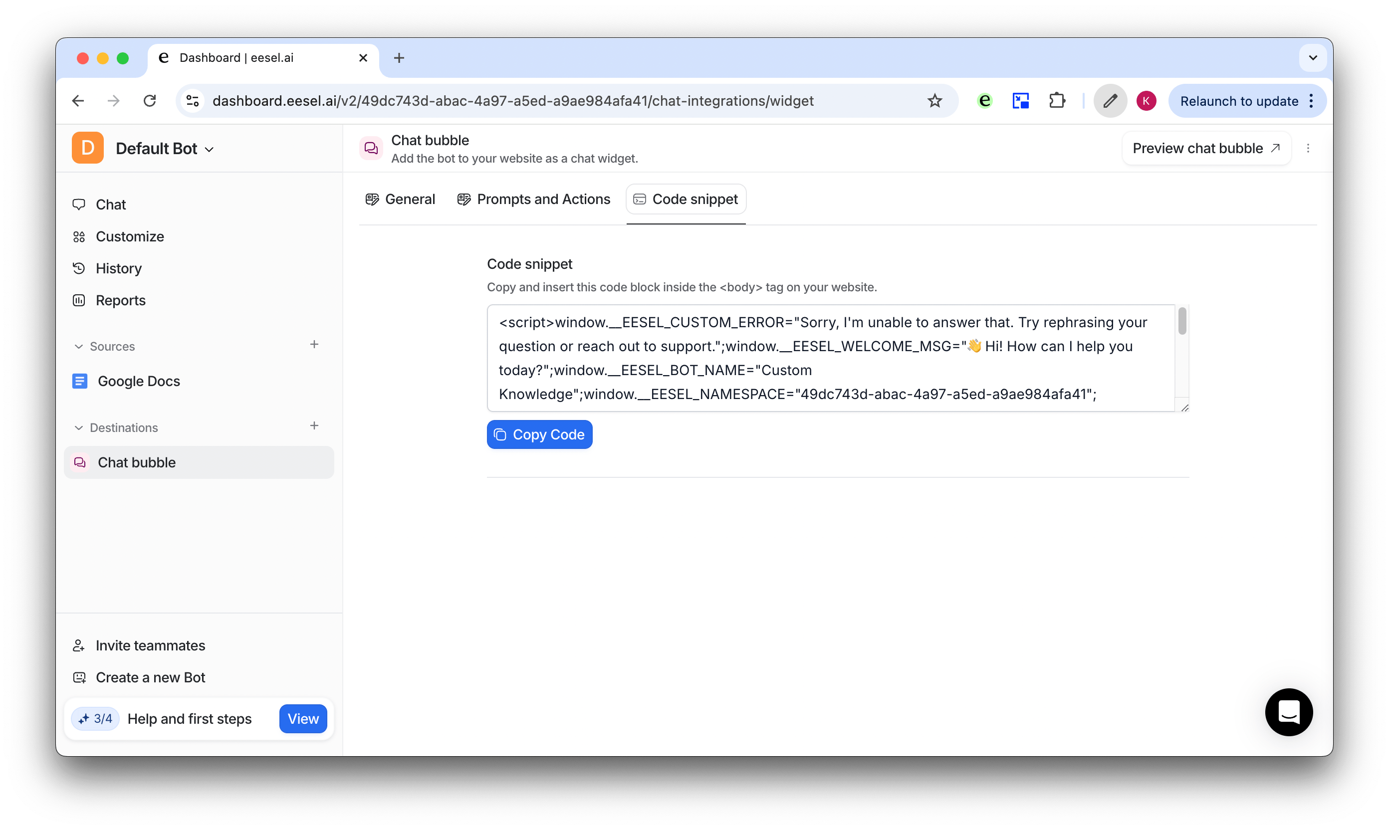 Screenshot of eesel AI dashboard showing code snipper to add your chat bubble AI to your website