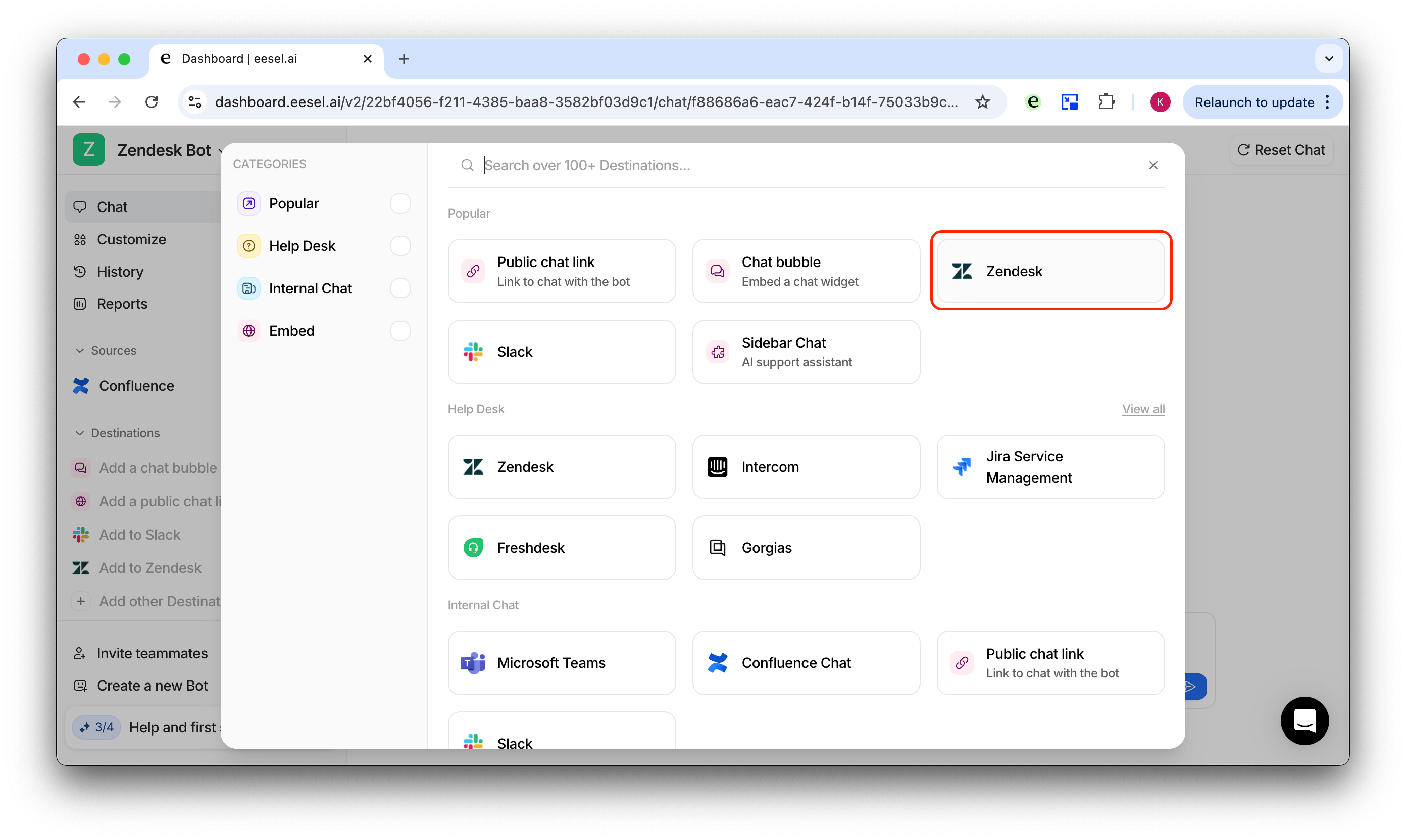 screenshot of user selecting zendesk integration option for chatgpt