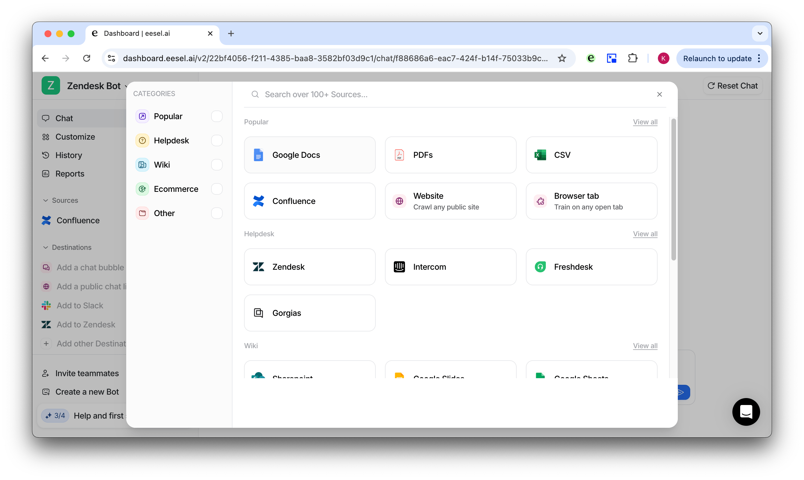 screenshot of the eesel dash menu to integrate zendesk