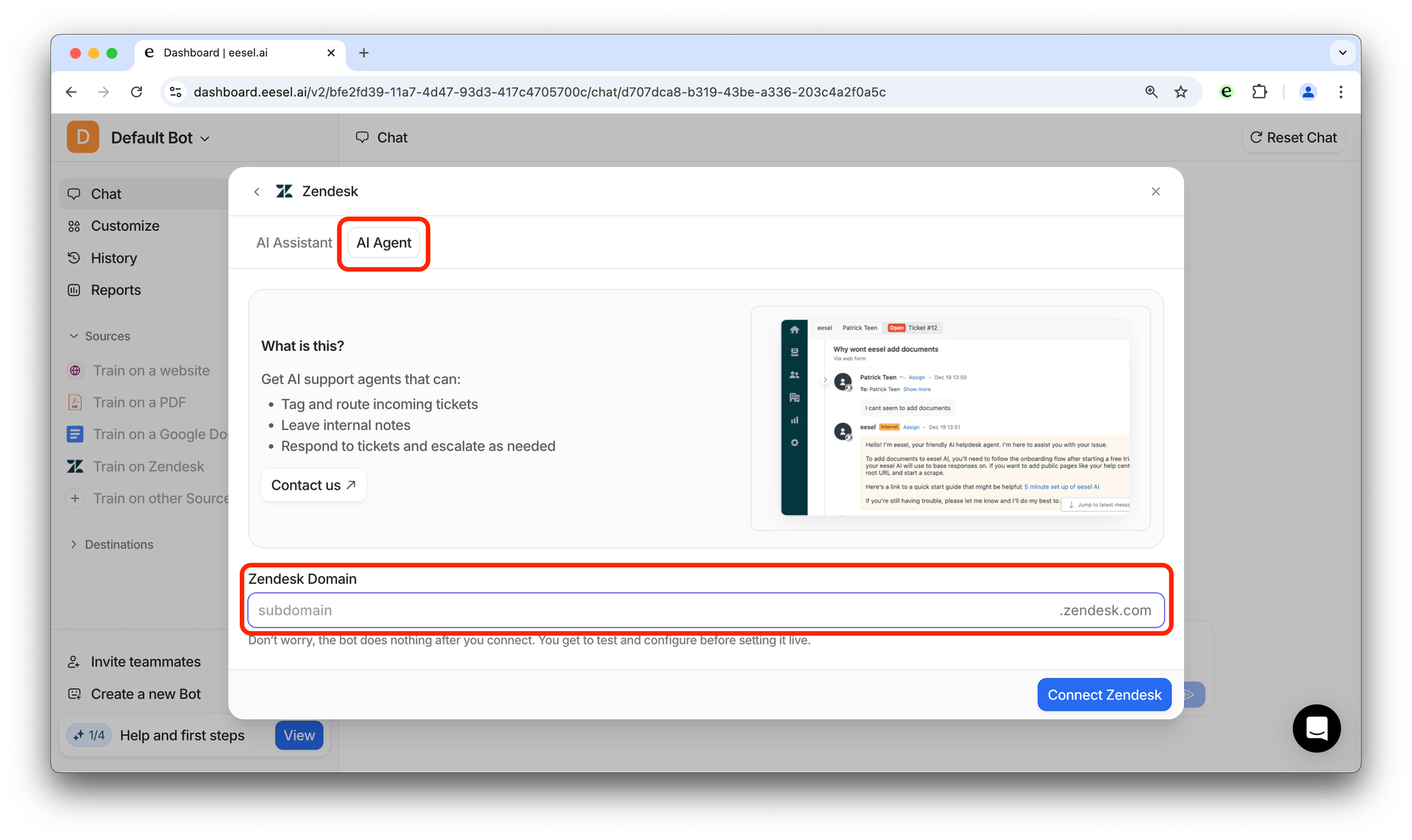 a screenshot of the tab allowing the user to crawl zendesk for your agent training