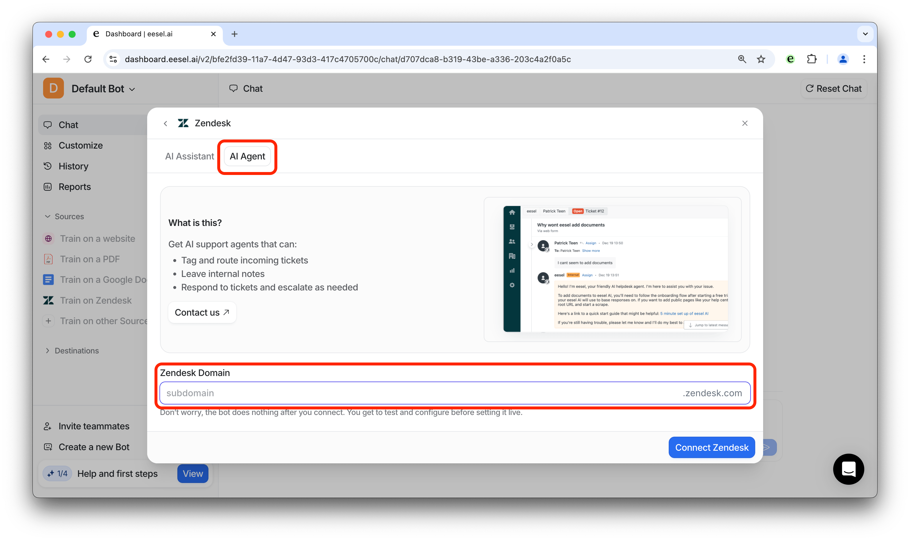 a screenshot of the tab allowing the user to crawl zendesk for your agent training