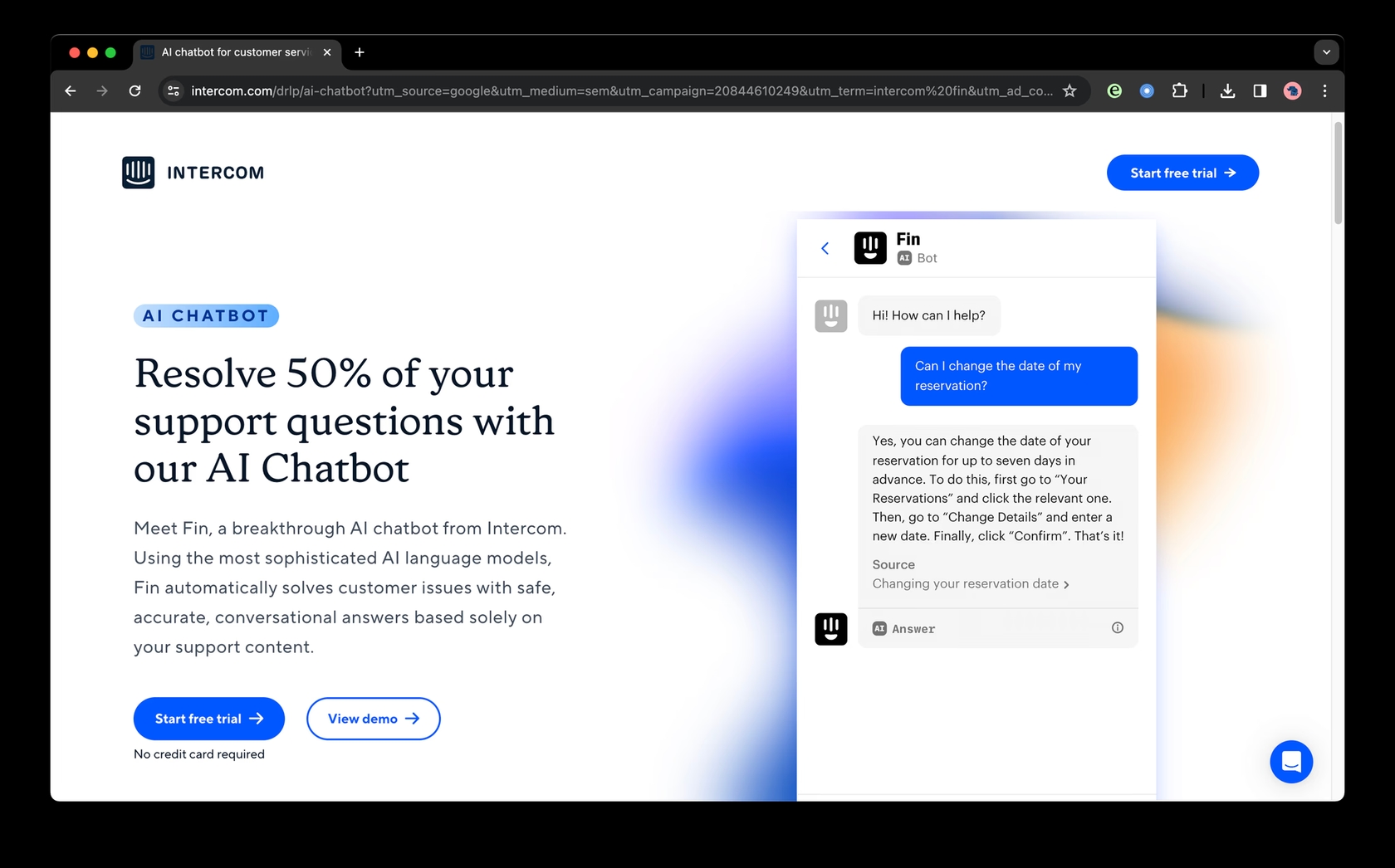 A look at Intercom's Fin AI interface, the native alternative for an Intercom ChatGPT solution.::
