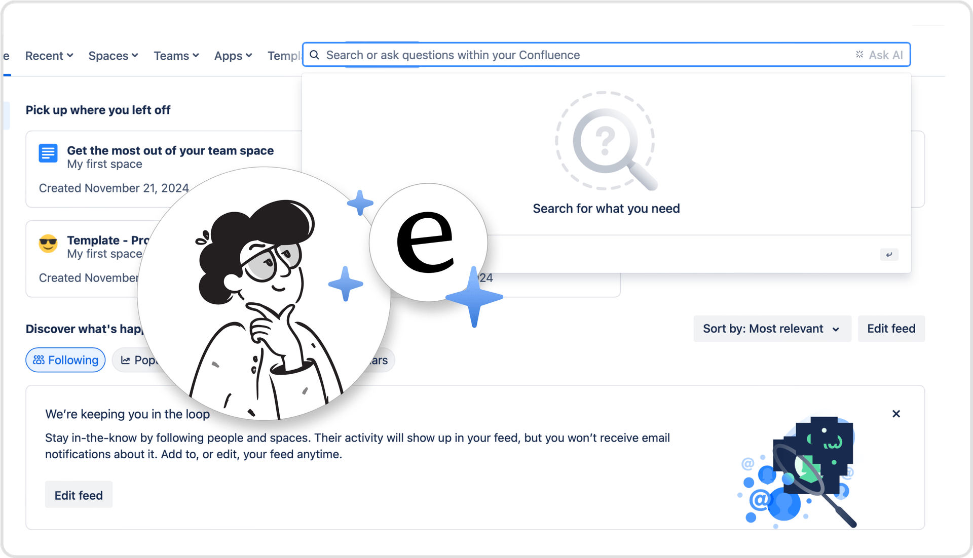 screenshot of the Confluence dash and AI search bar