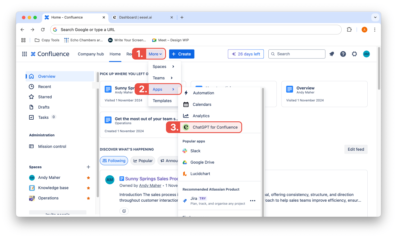 screenshot demonstrating the steps to chat with the confluence ai app