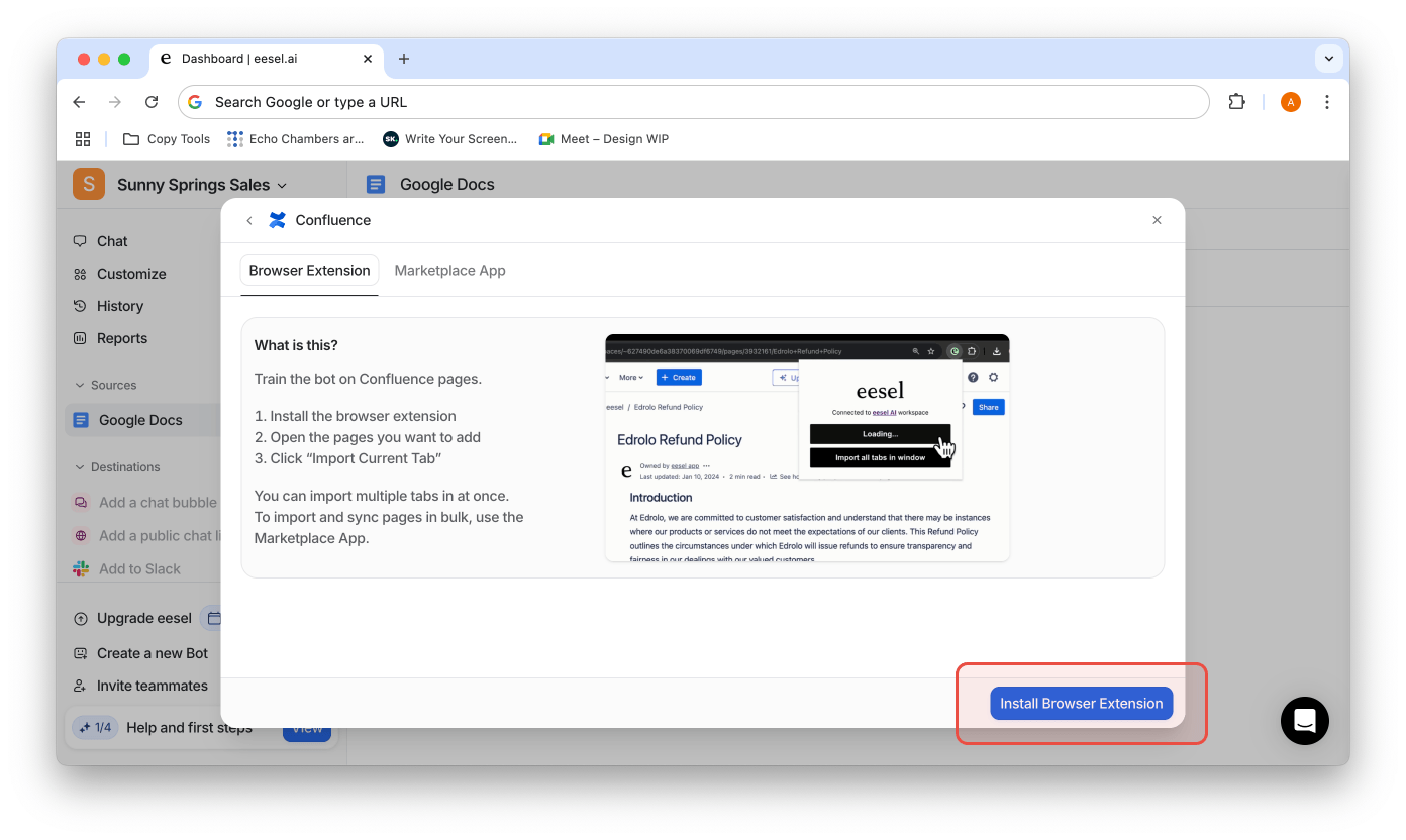 screenshot of the confluence extension dashboard
