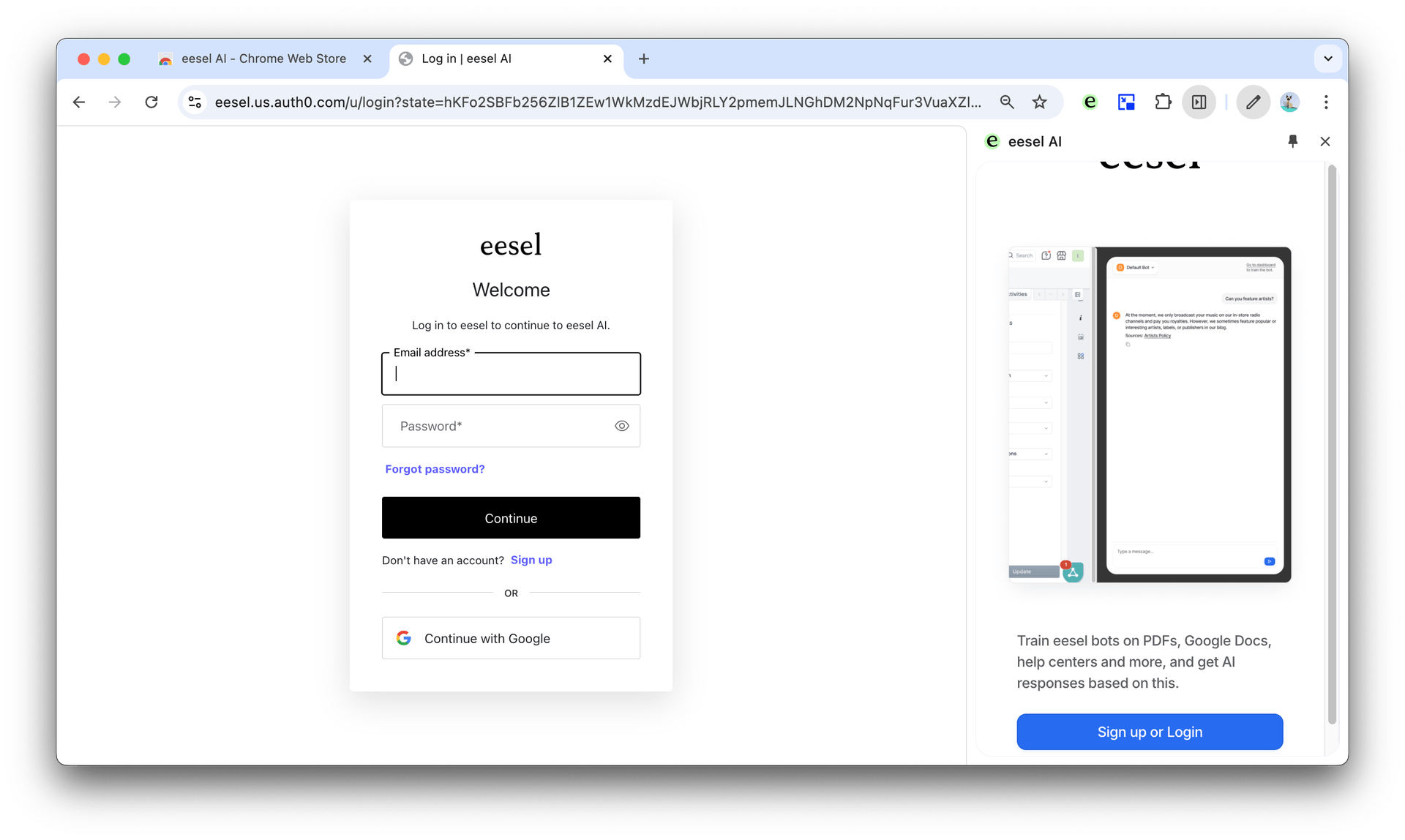 Showcasing the eesel AI sign up page and extension