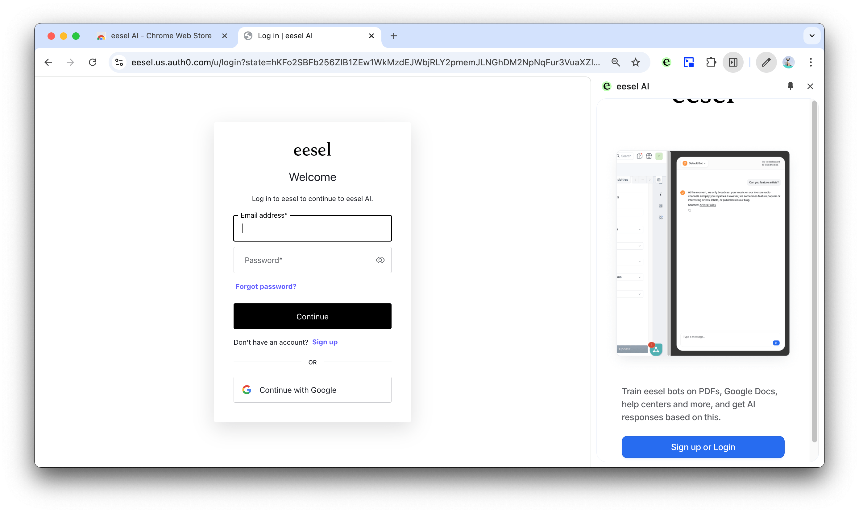 Showcasing the eesel AI sign up page and extension