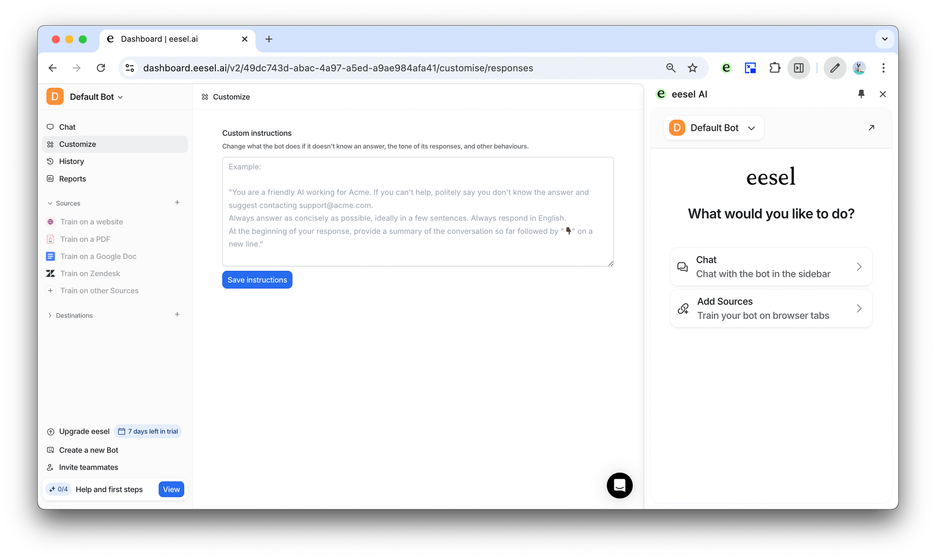 A screenshot demonstrating custom instructions