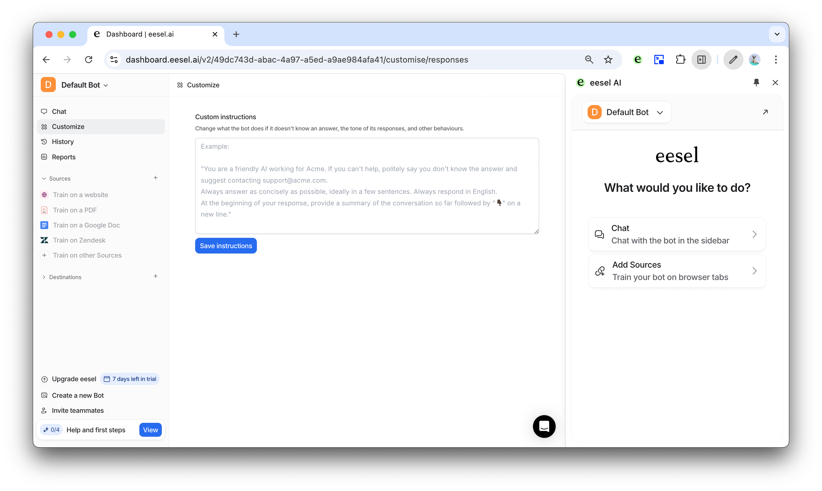 A screenshot demonstrating custom instructions