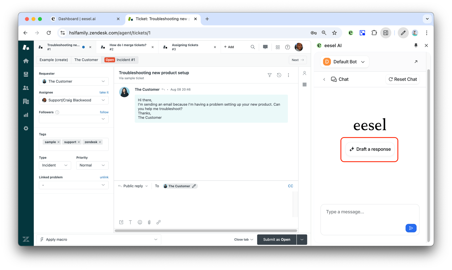 Screenshot using the eesel AI extension showcasing drafting replies