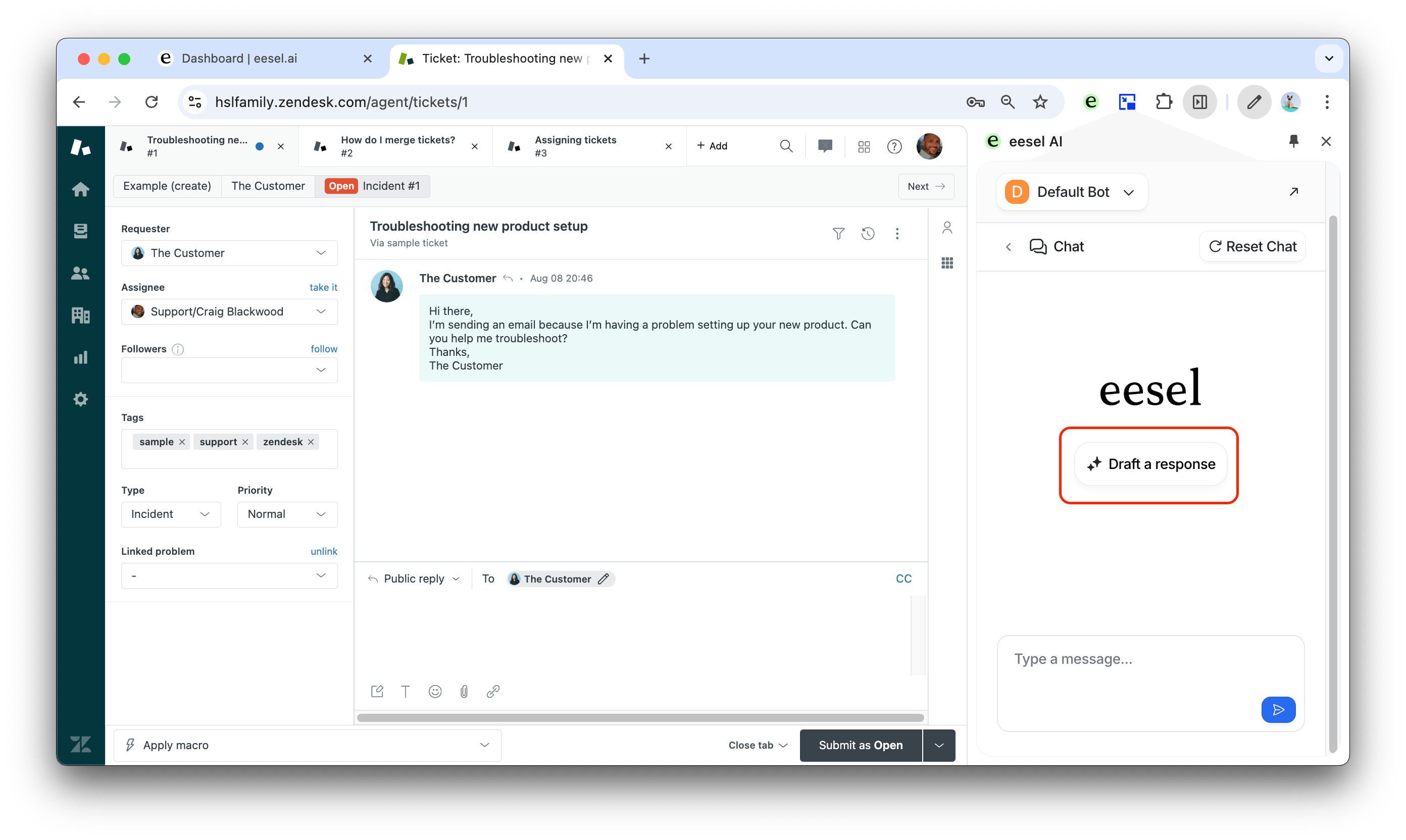 Screenshot using the eesel AI extension showcasing drafting replies