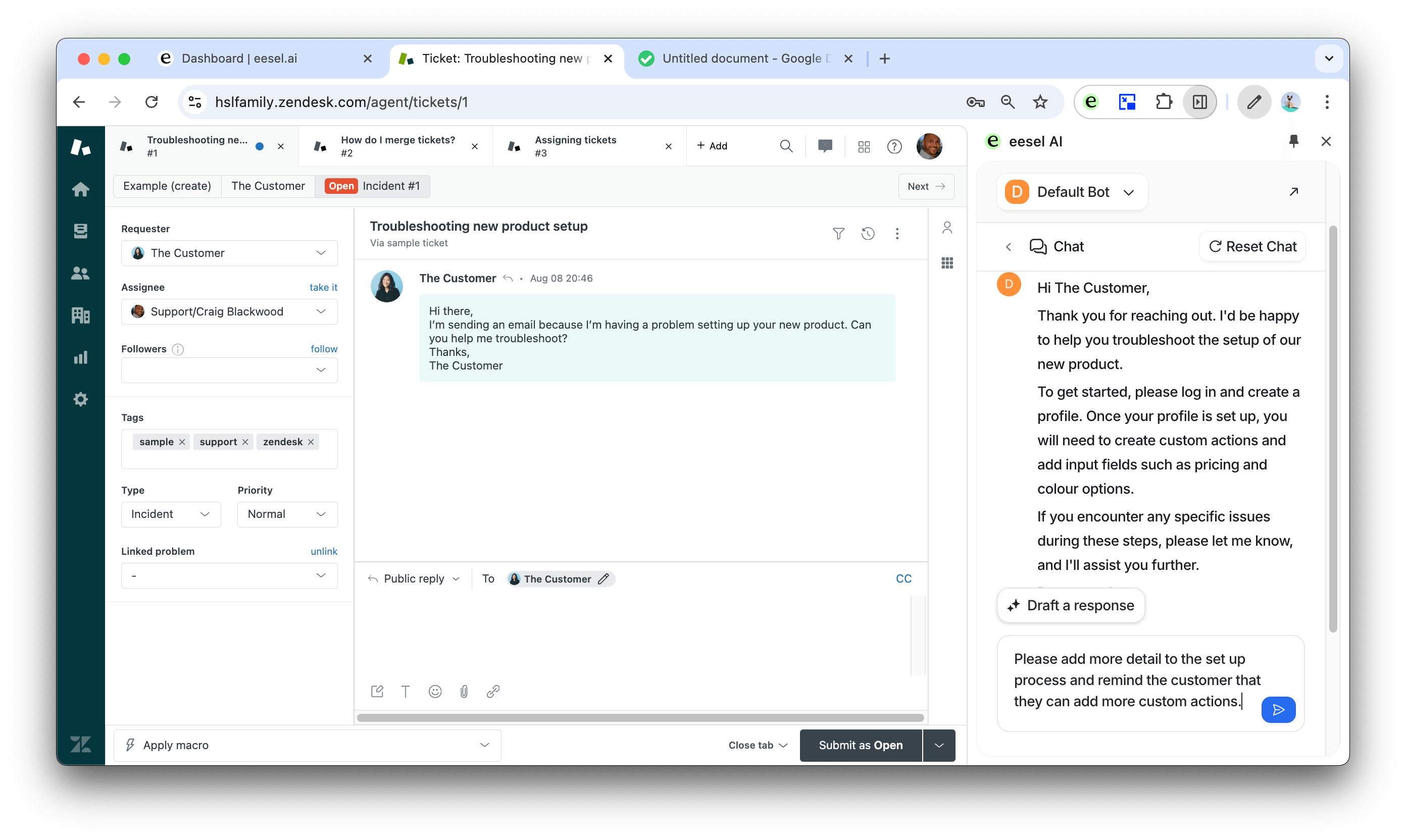 Screenshot showcasing eesel AI extension reply drafted