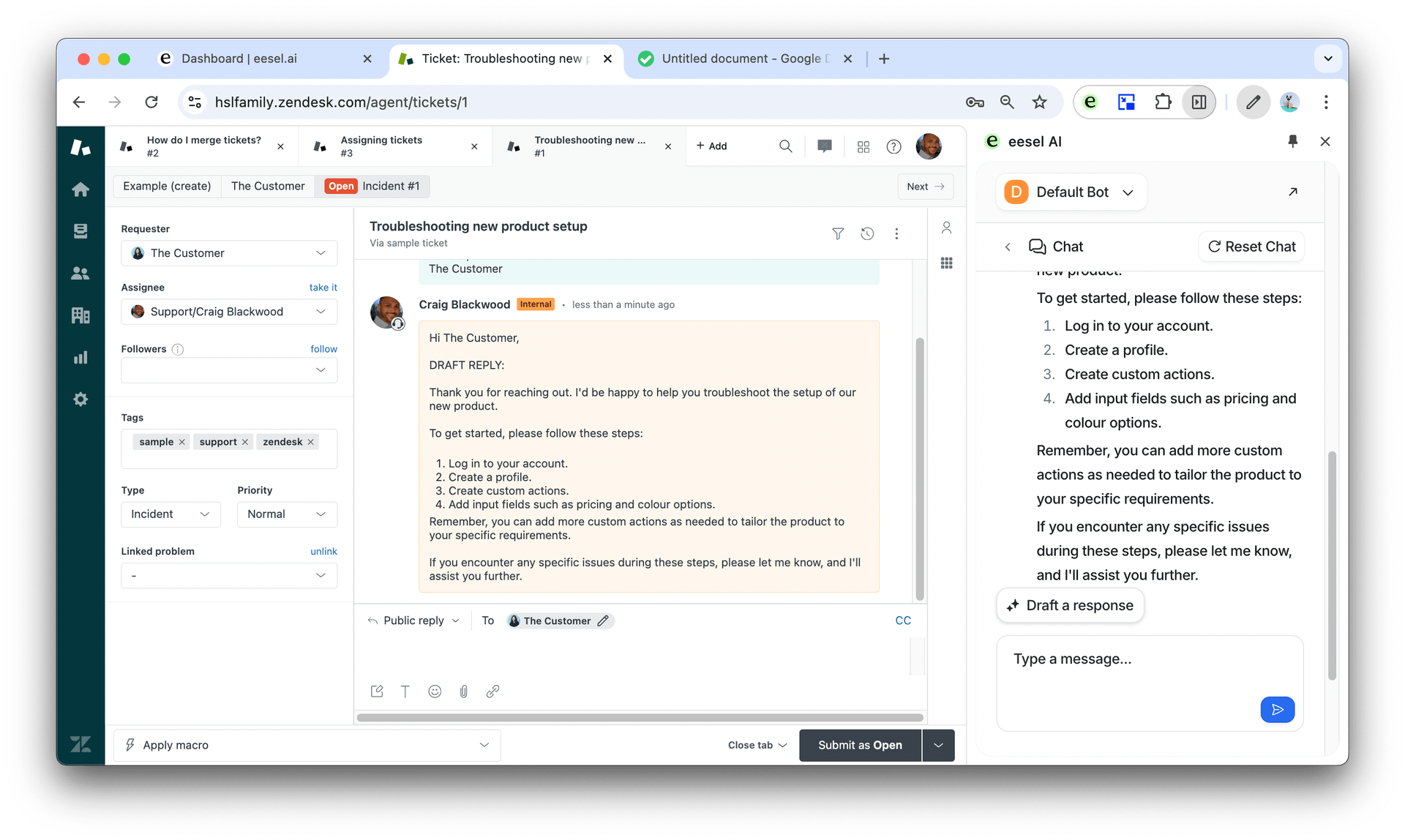 Screenshot showcasing eesel AI adding an internal note into helpdesk