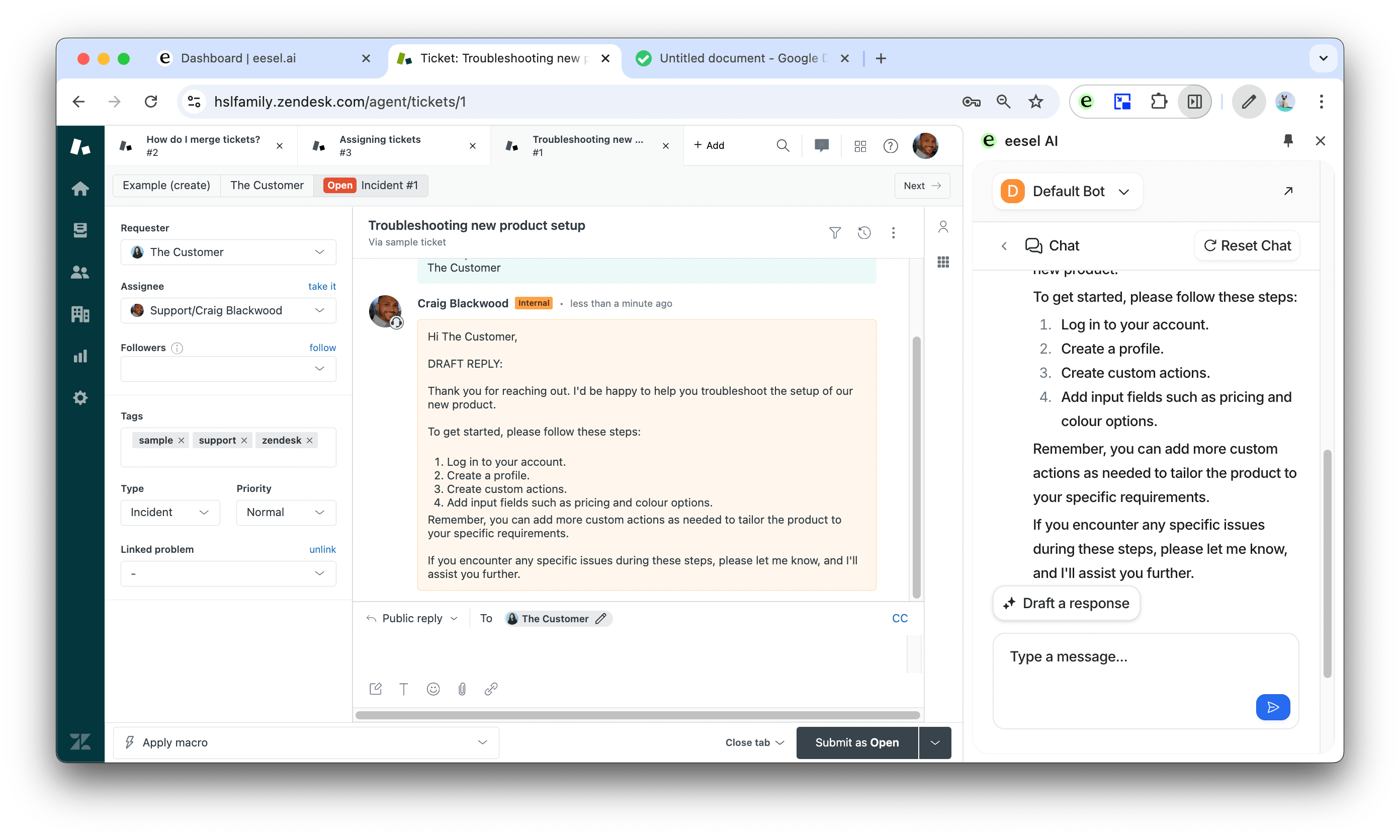 Screenshot showcasing eesel AI adding an internal note into helpdesk