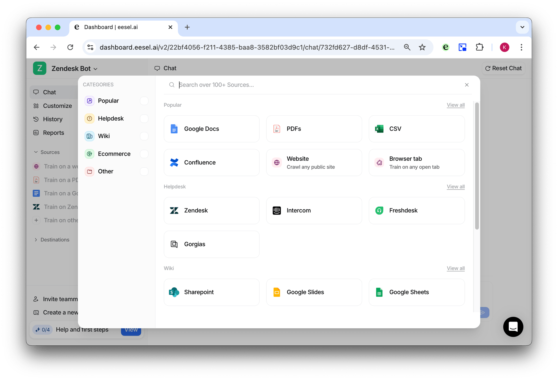 Source menu of the eesel dashboard for selecting where to get info from for the zendesk bot