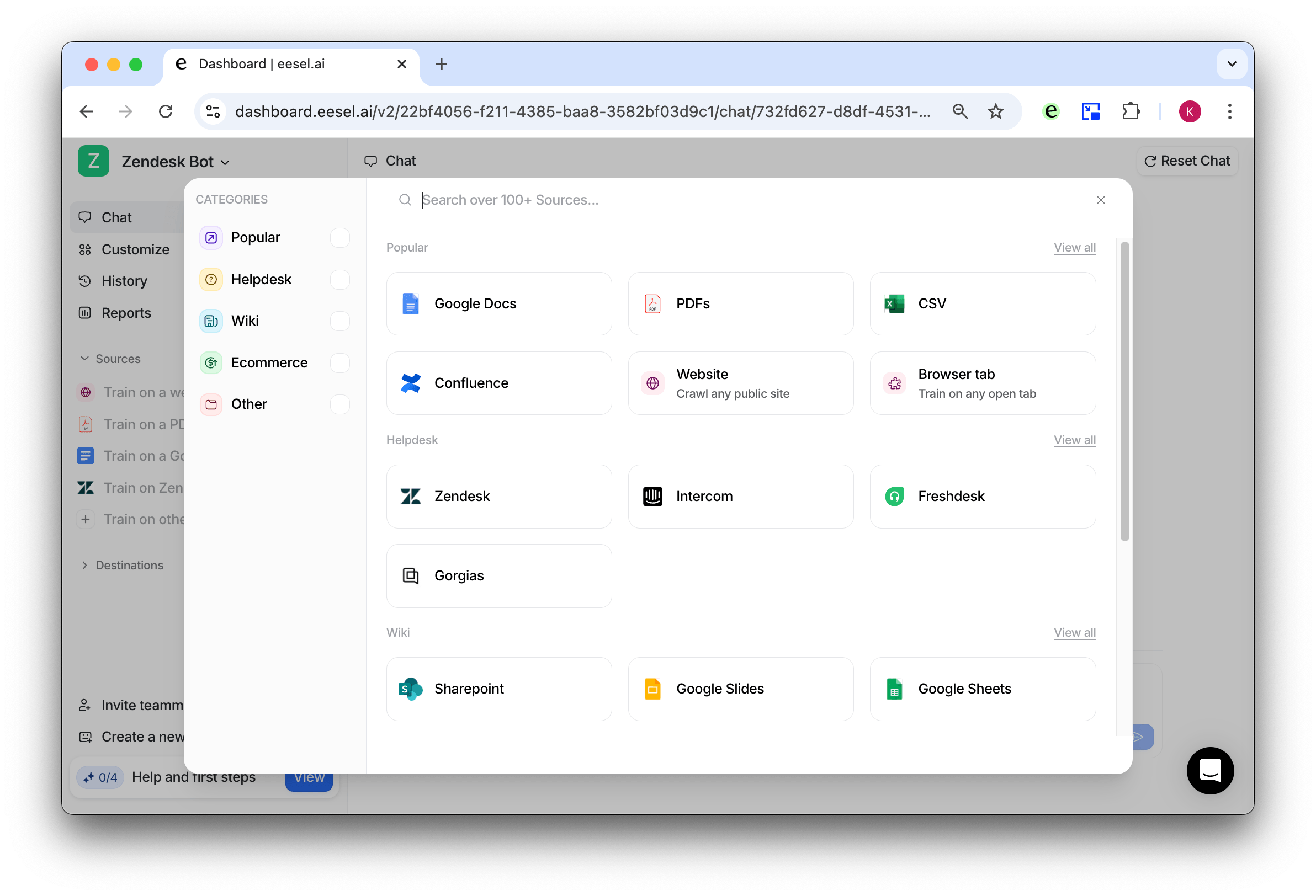 Source menu of the eesel dashboard for selecting where to get info from for the zendesk bot