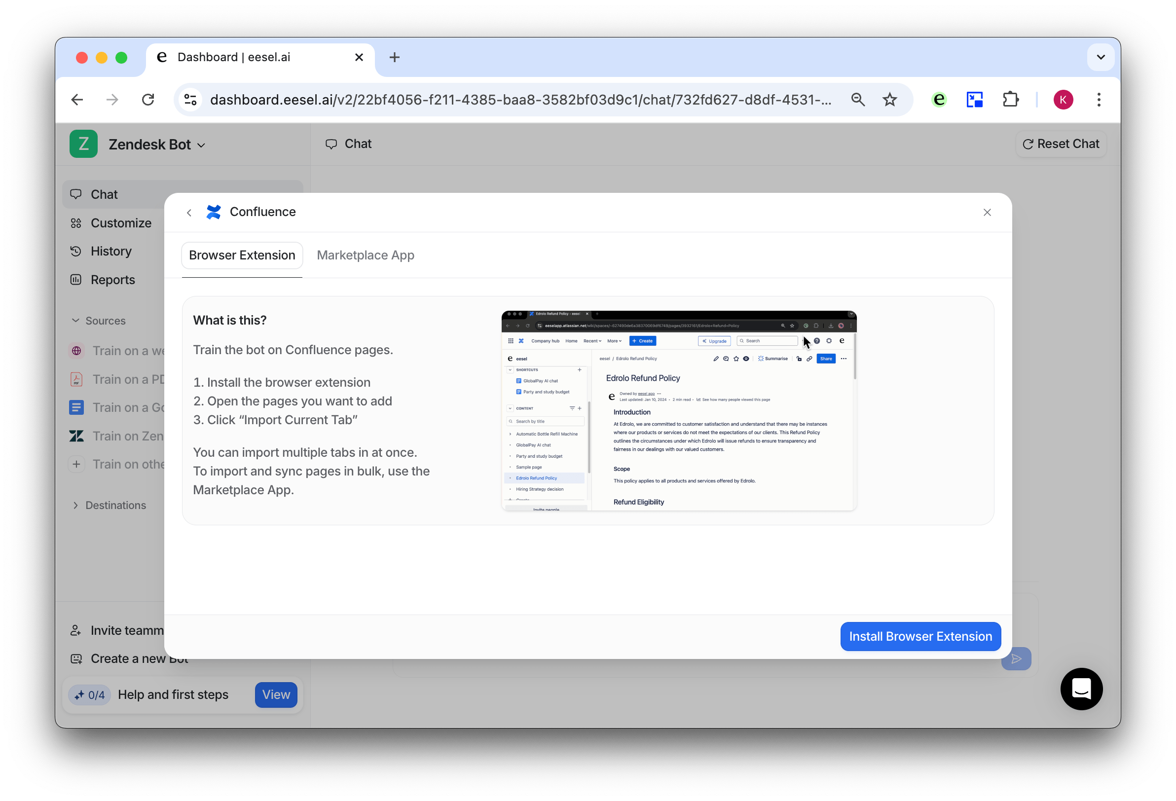 The Confluence page of the Source menu showing the extension button and instructions to connect Confluence with AI