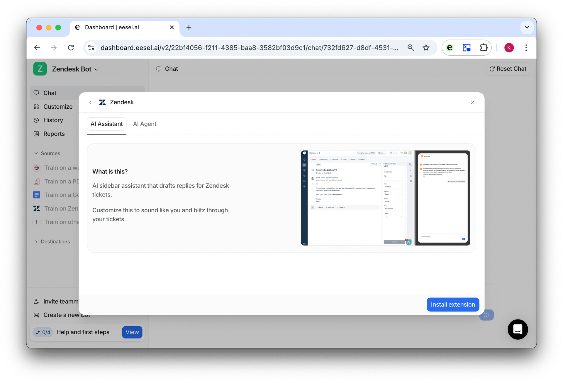 image showing the zendesk destination page instructions for adding AI to Zendesk