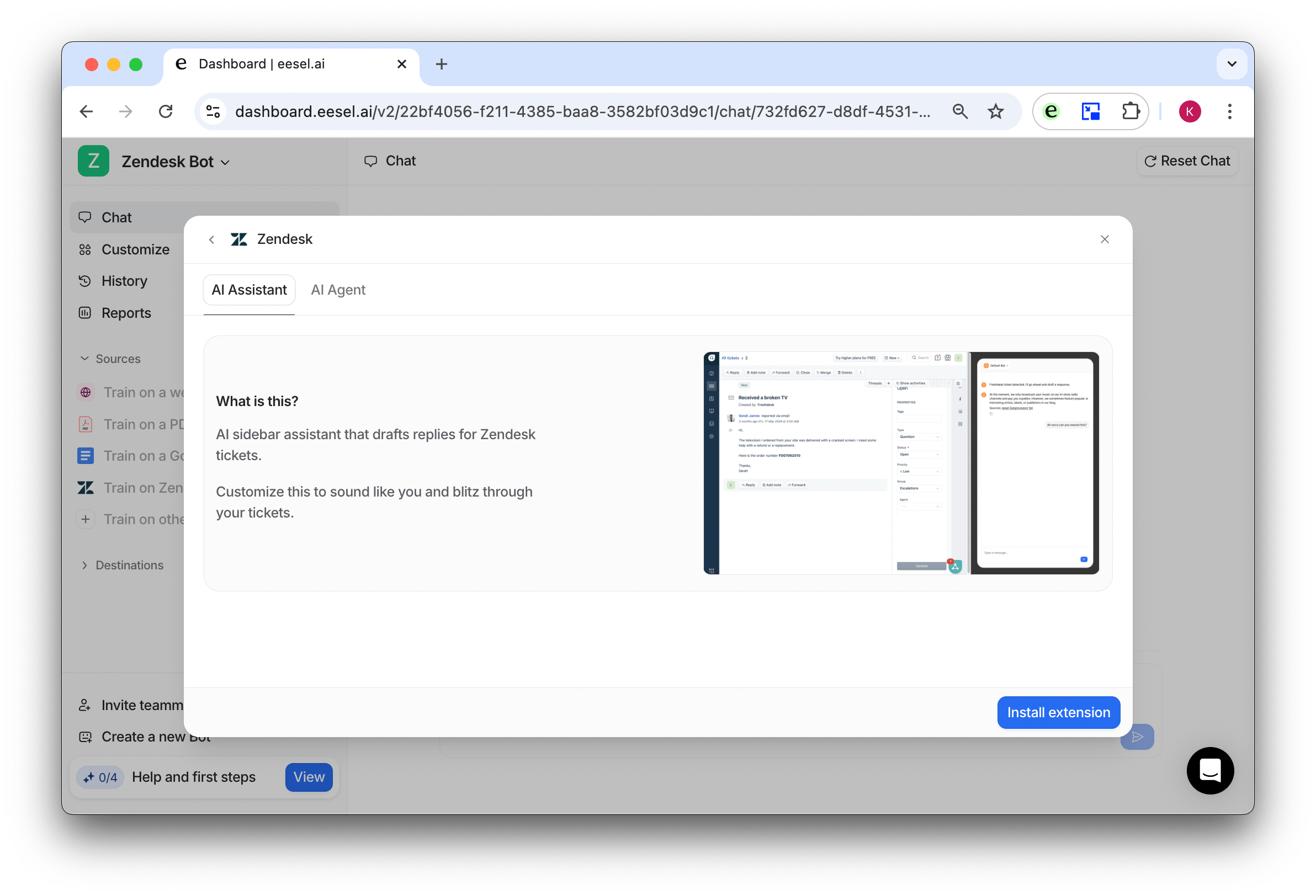 image showing the zendesk destination page instructions for adding AI to Zendesk