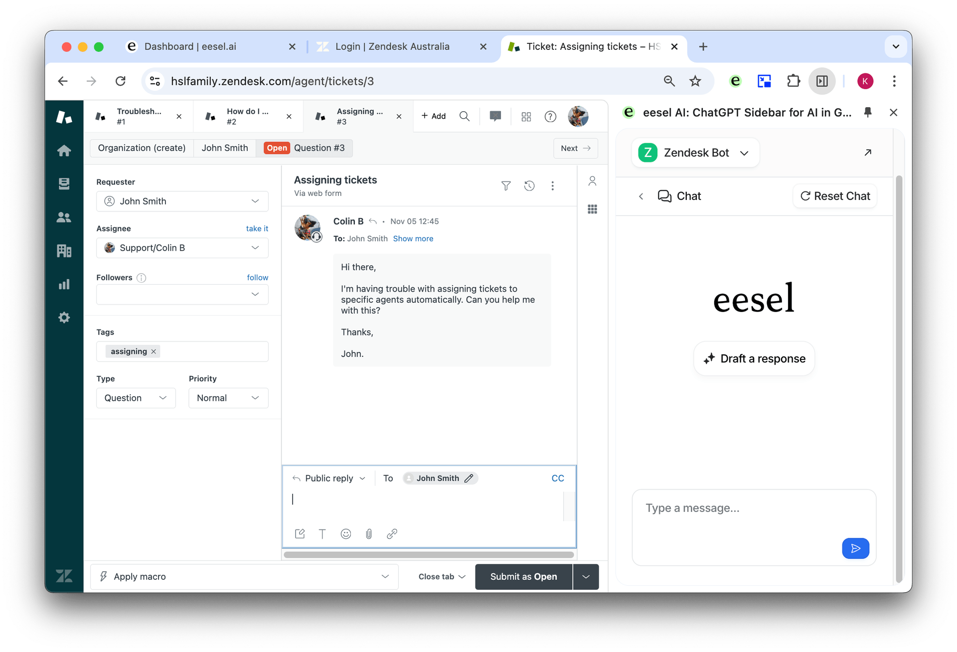 Image of the extension drafting an AI response to a Zendesk ticket