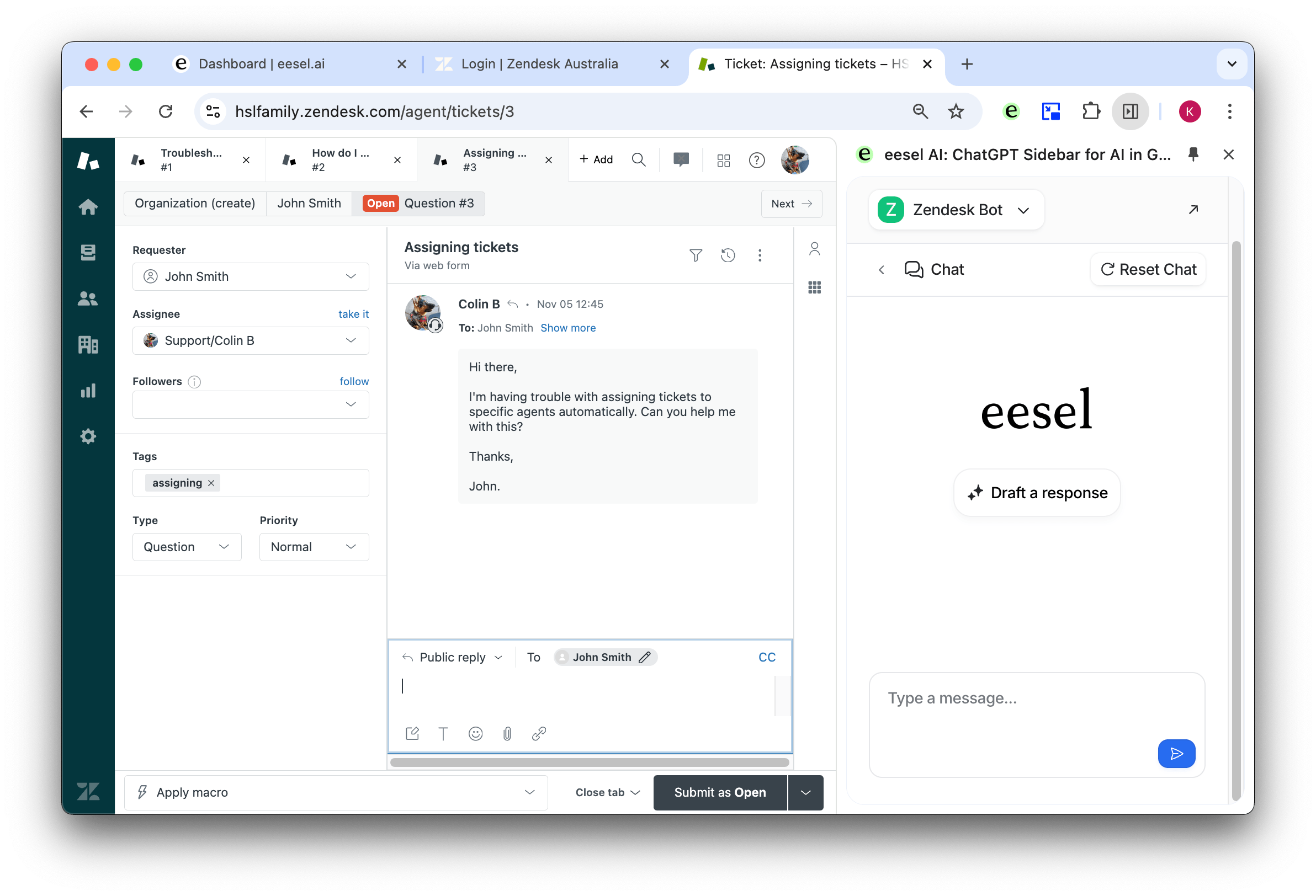 Image of the extension drafting an AI response to a Zendesk ticket