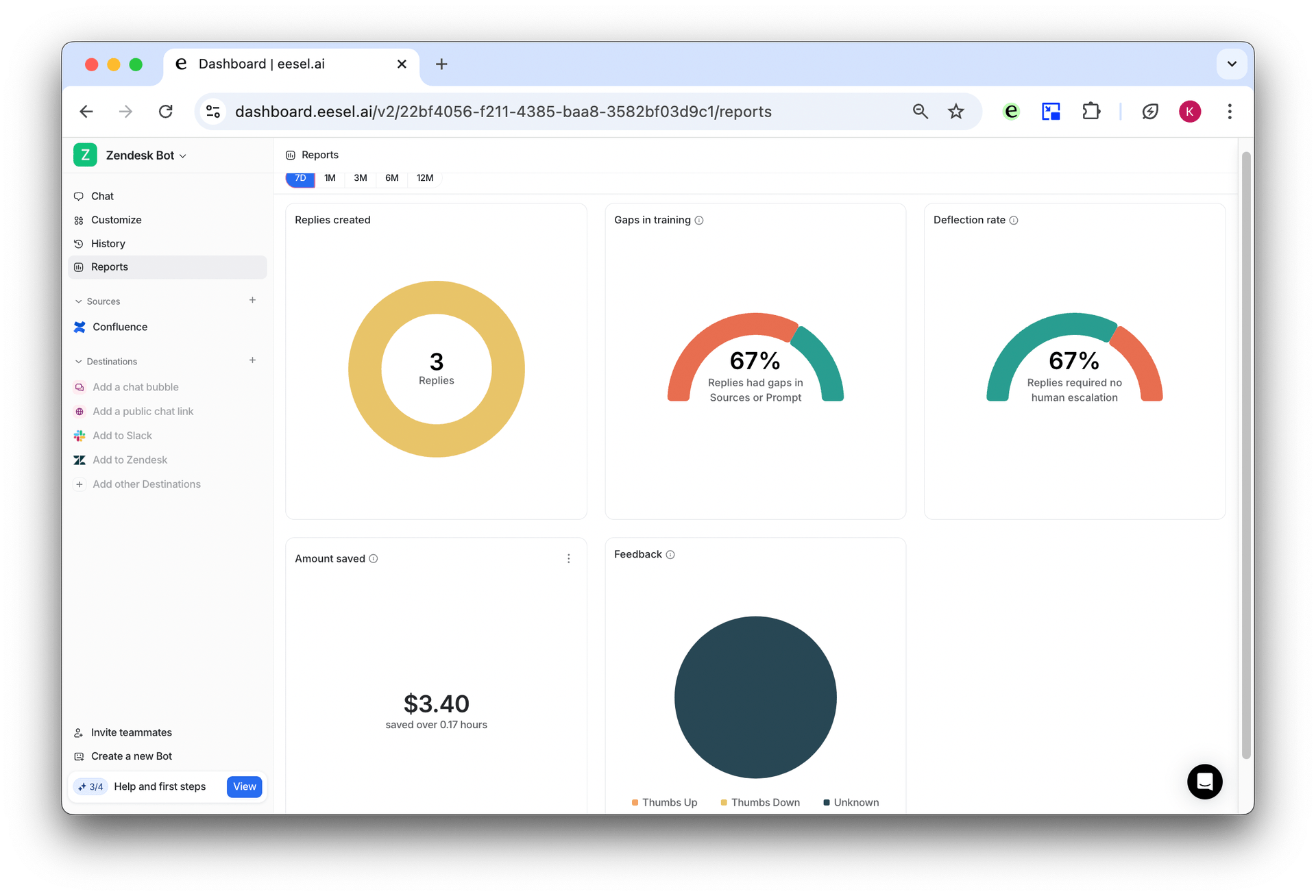 screenshot of eesel AI dashboard showing reports for Zendesk bot