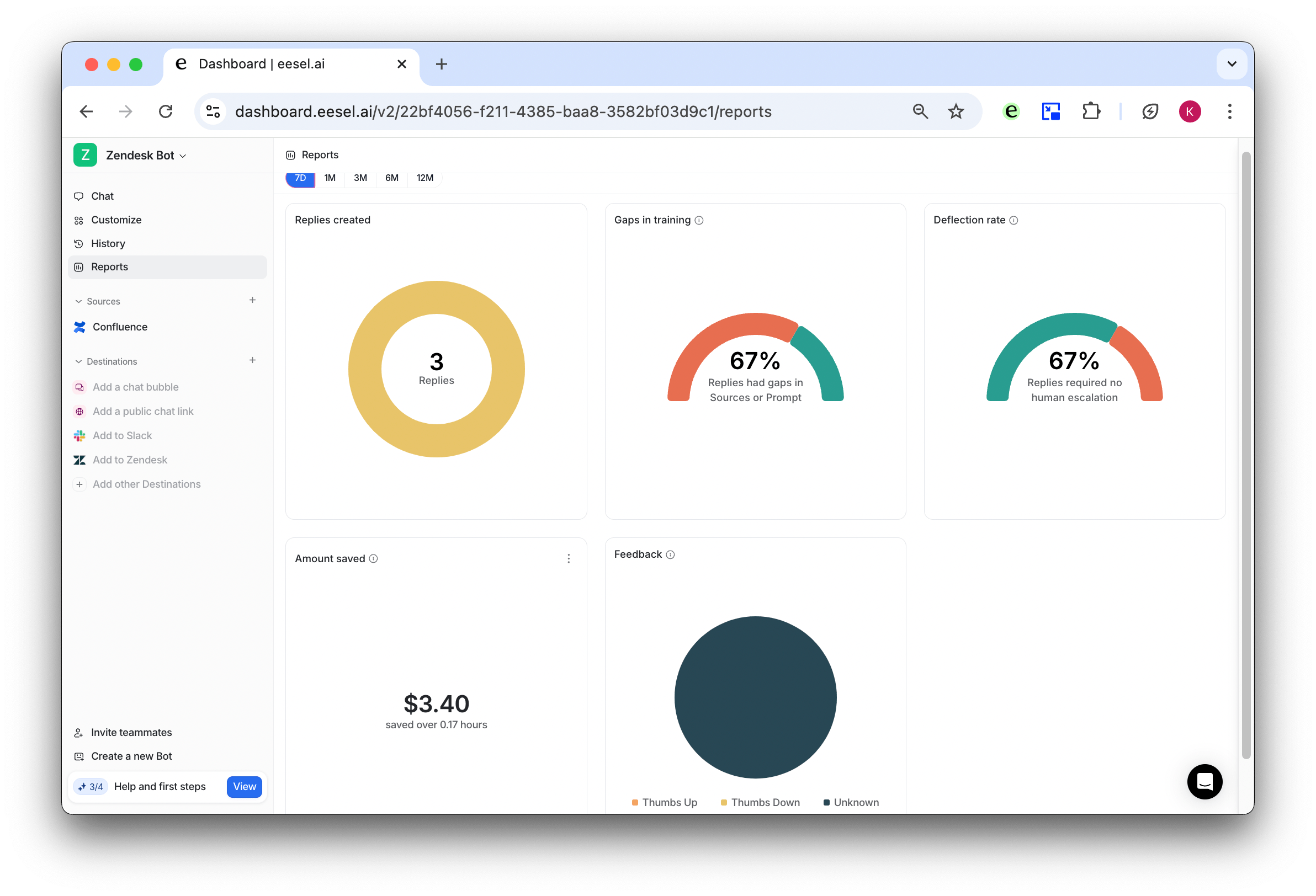 screenshot of eesel AI dashboard showing reports for Zendesk bot