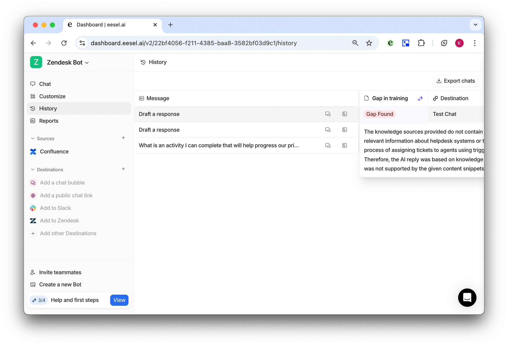 Zendesk AI bot gaps in replies report
