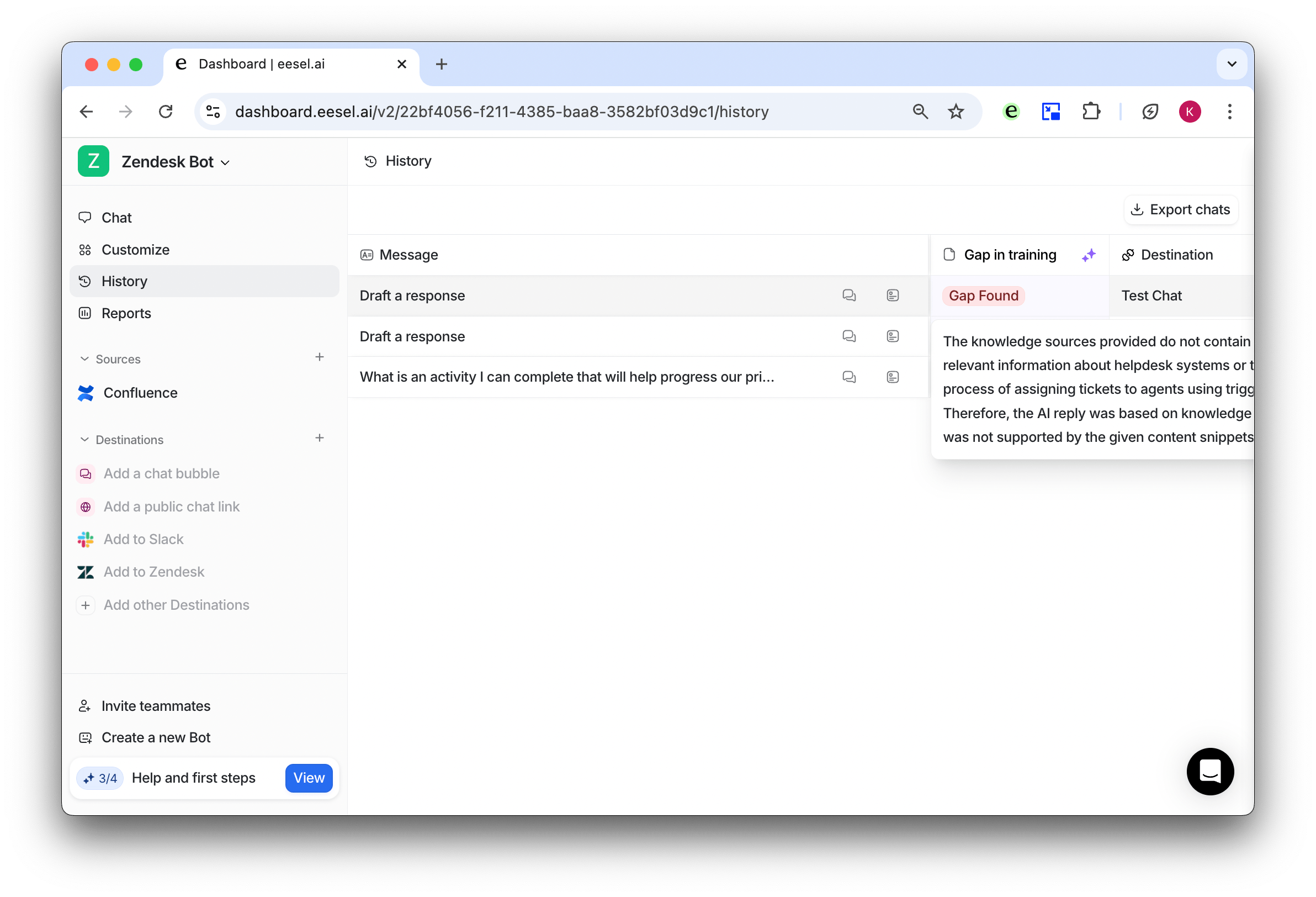 Zendesk AI bot gaps in replies report