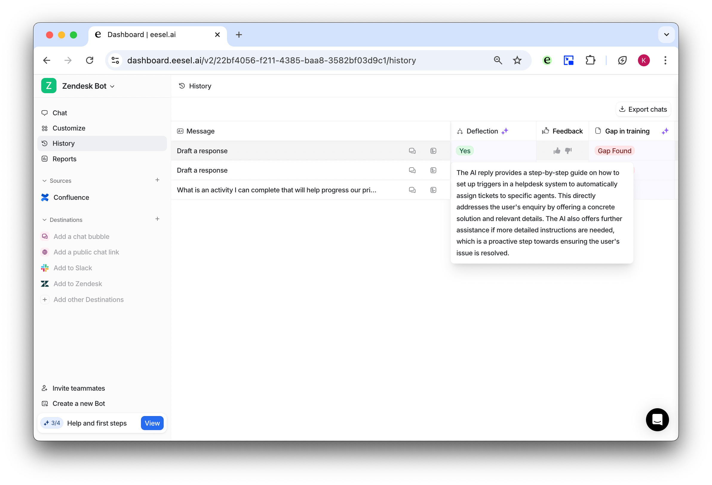 Zendesk AI bot deflection description for a past reply