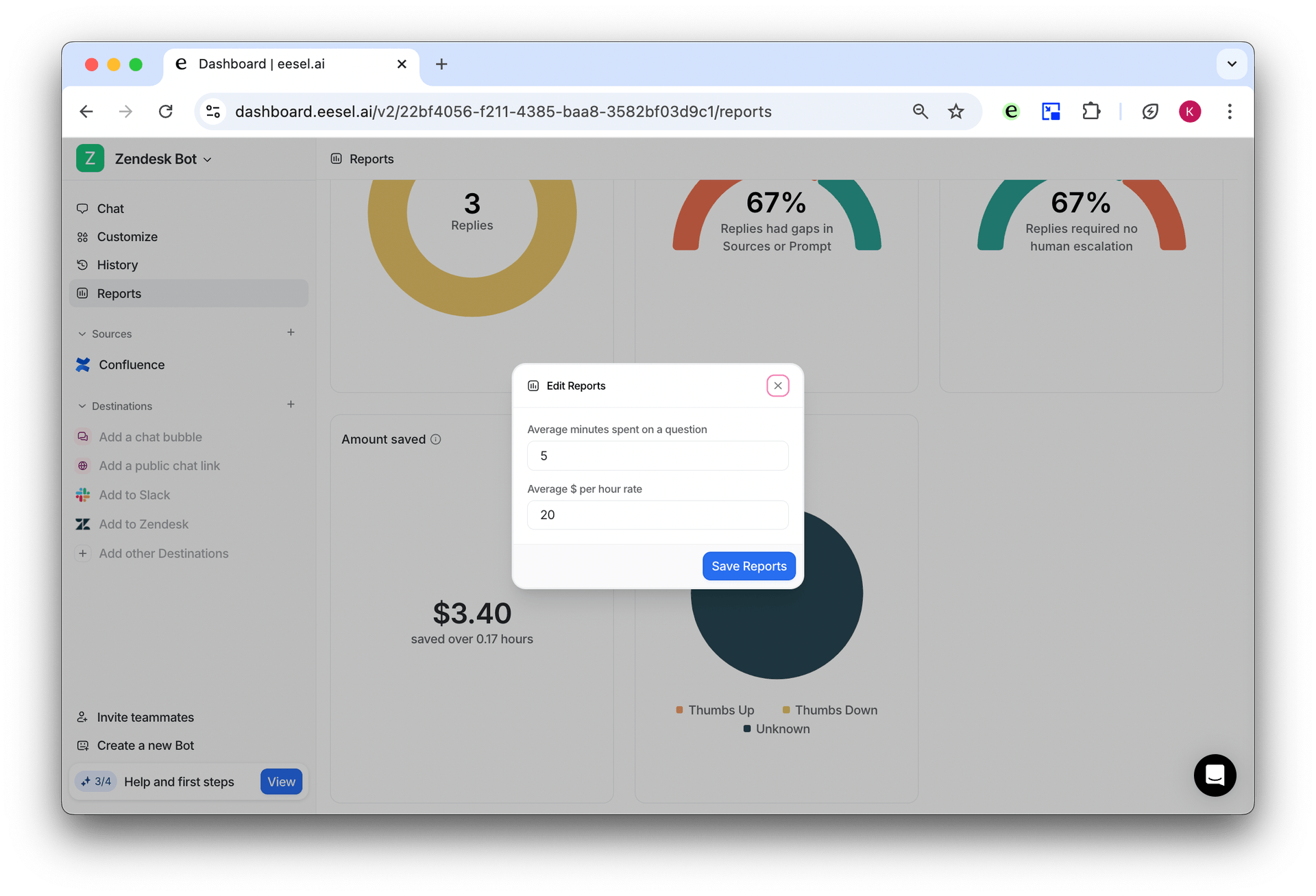 Zendesk AI ROI calculator in eesel dashboard for reporting tab
