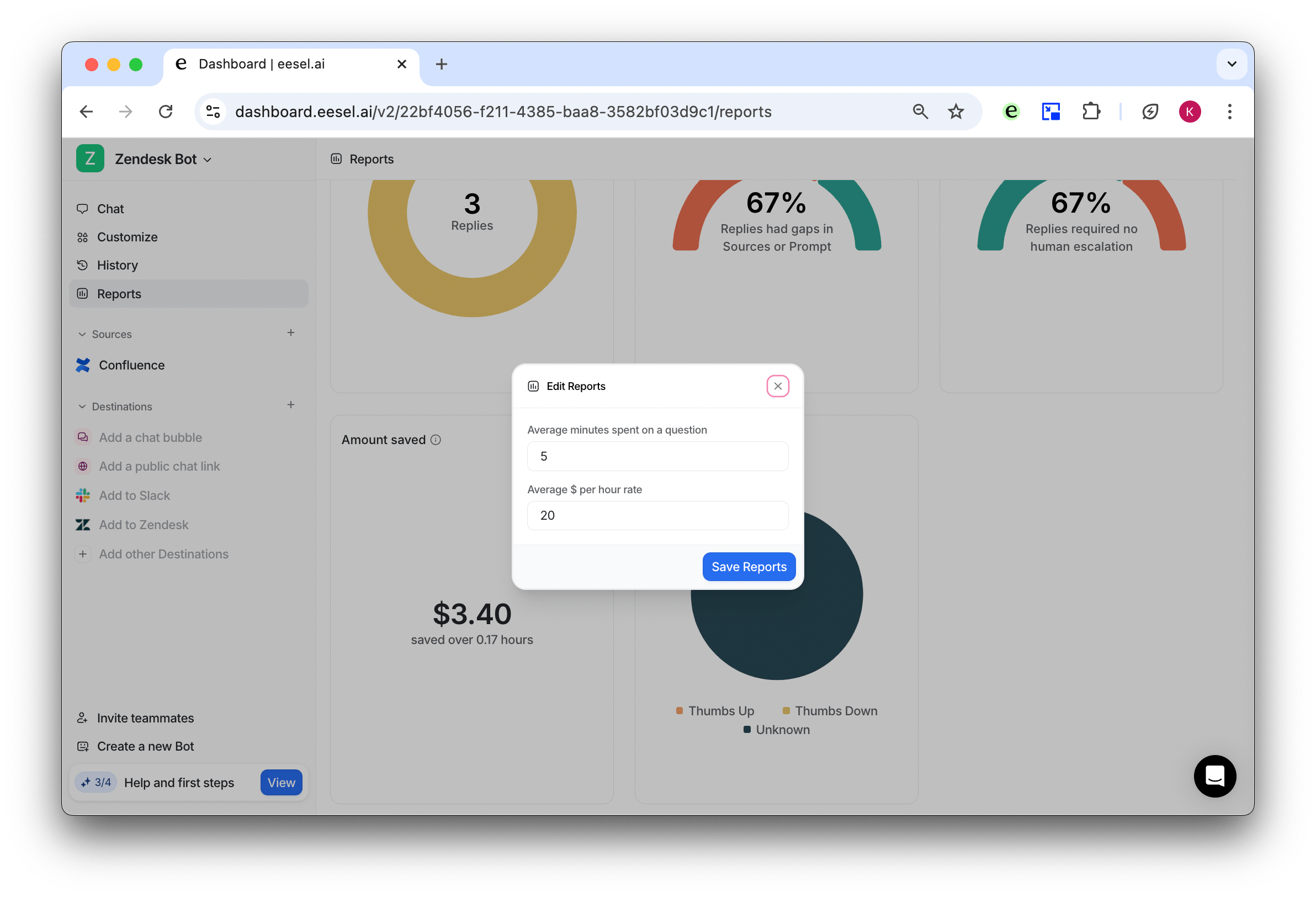 Zendesk AI ROI calculator in eesel dashboard for reporting tab