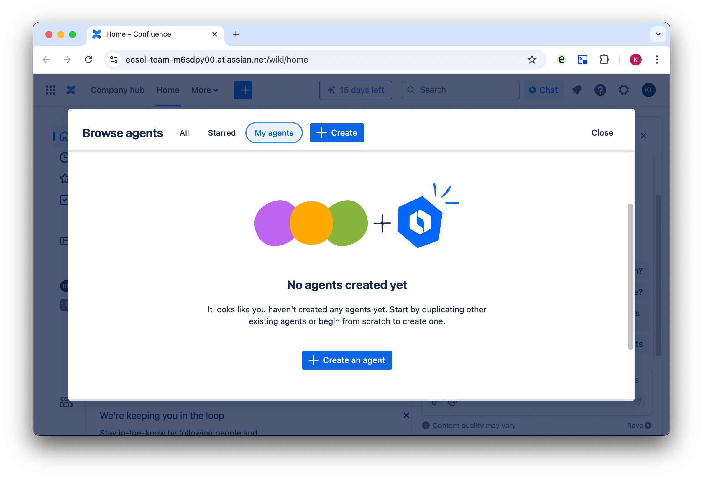 Confluence dashboard creating an AI rovo agent