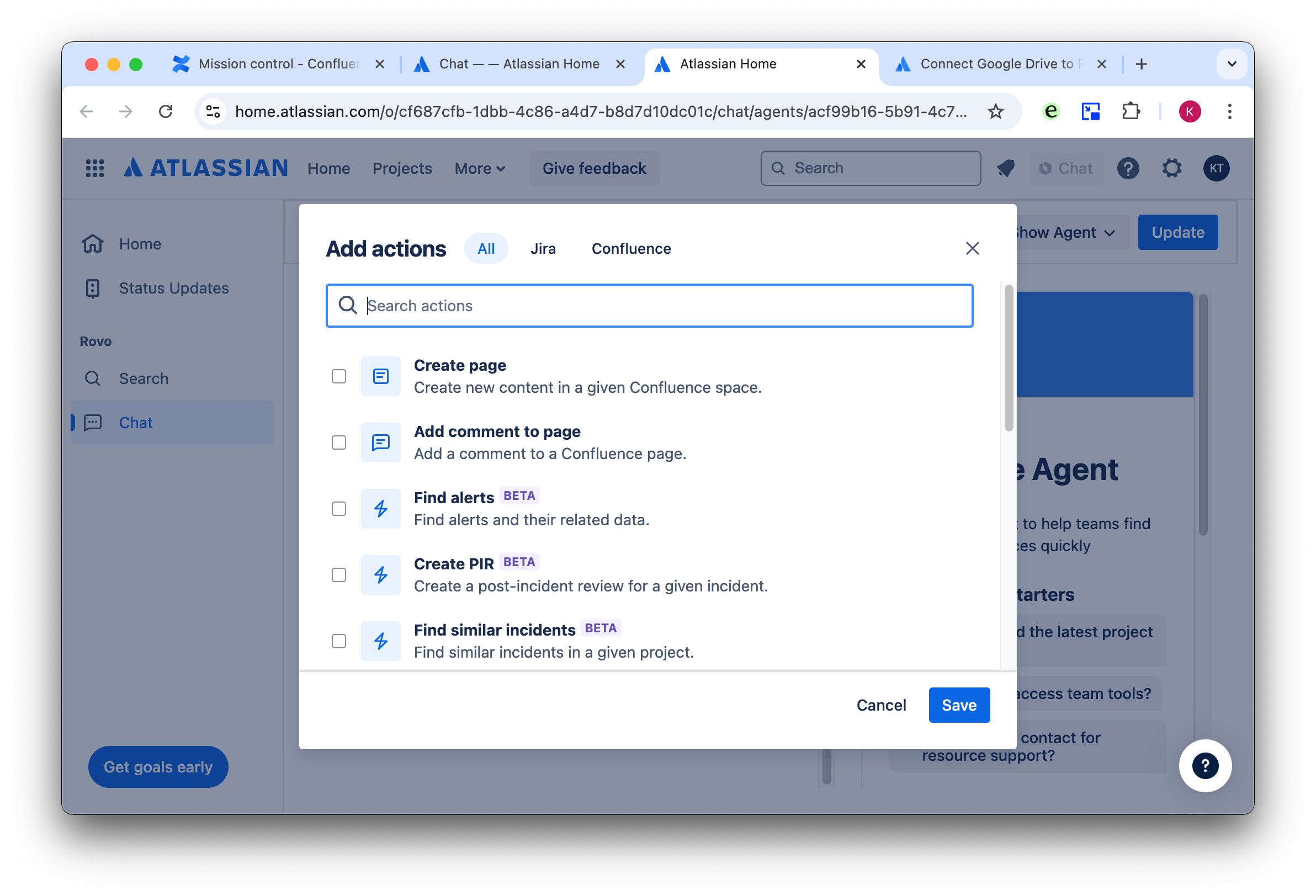 screenshot of confluence rovo actions screen to set up ai actions in confluence