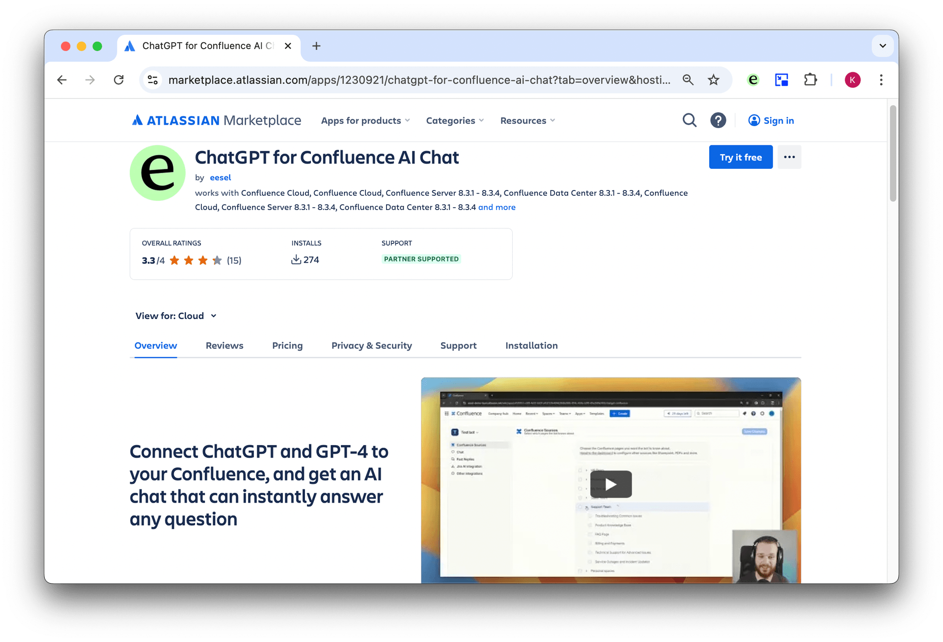 screenshot of the eesel AI app on the Confluence marketplace
