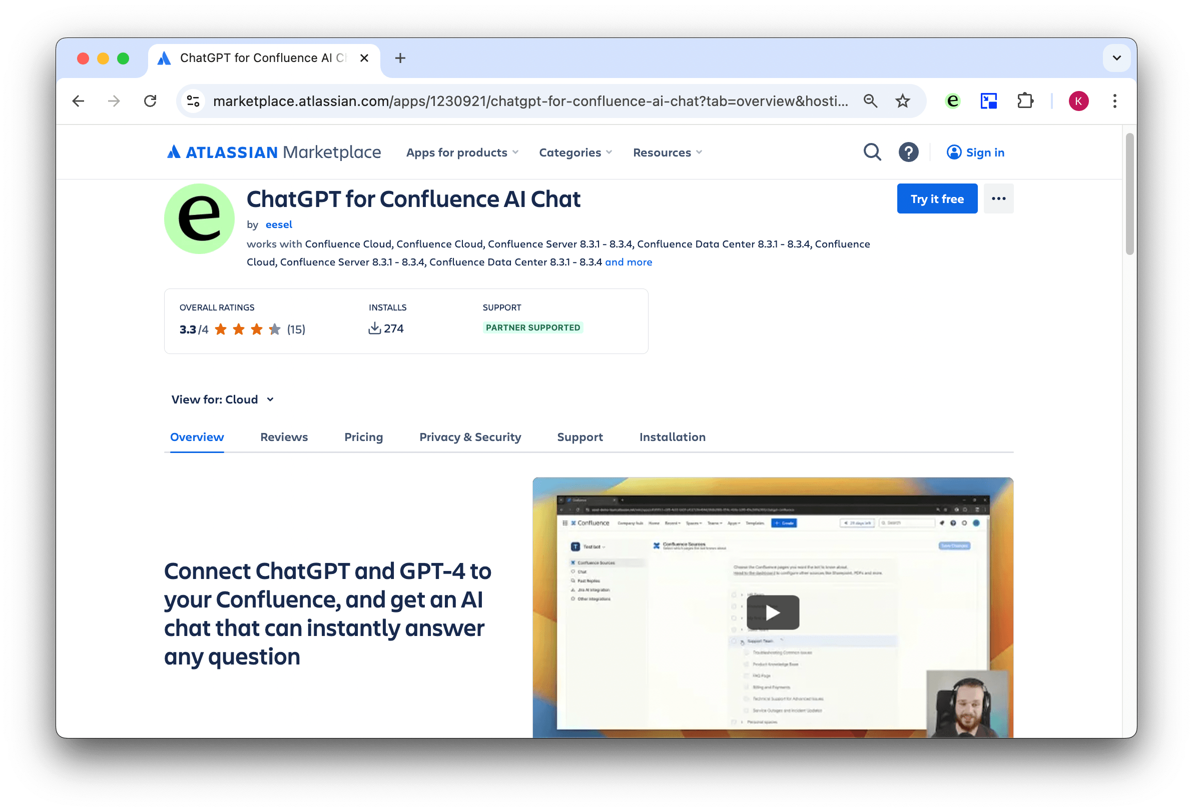 screenshot of the eesel AI app on the Confluence marketplace