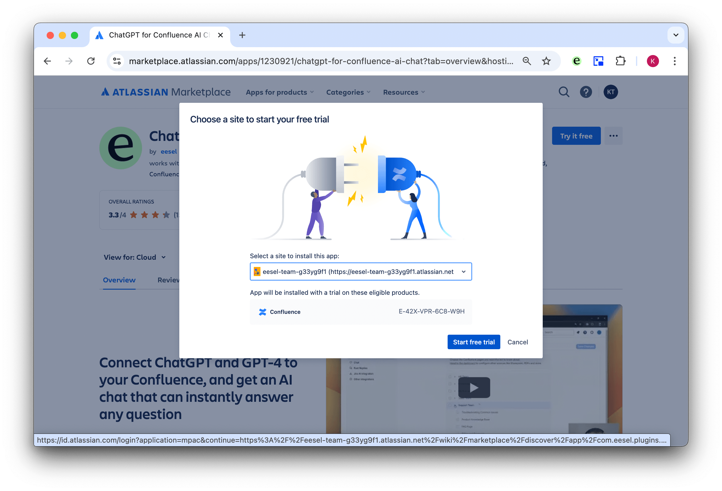 screenshot of chatgpt for confluence app starting a free trial
