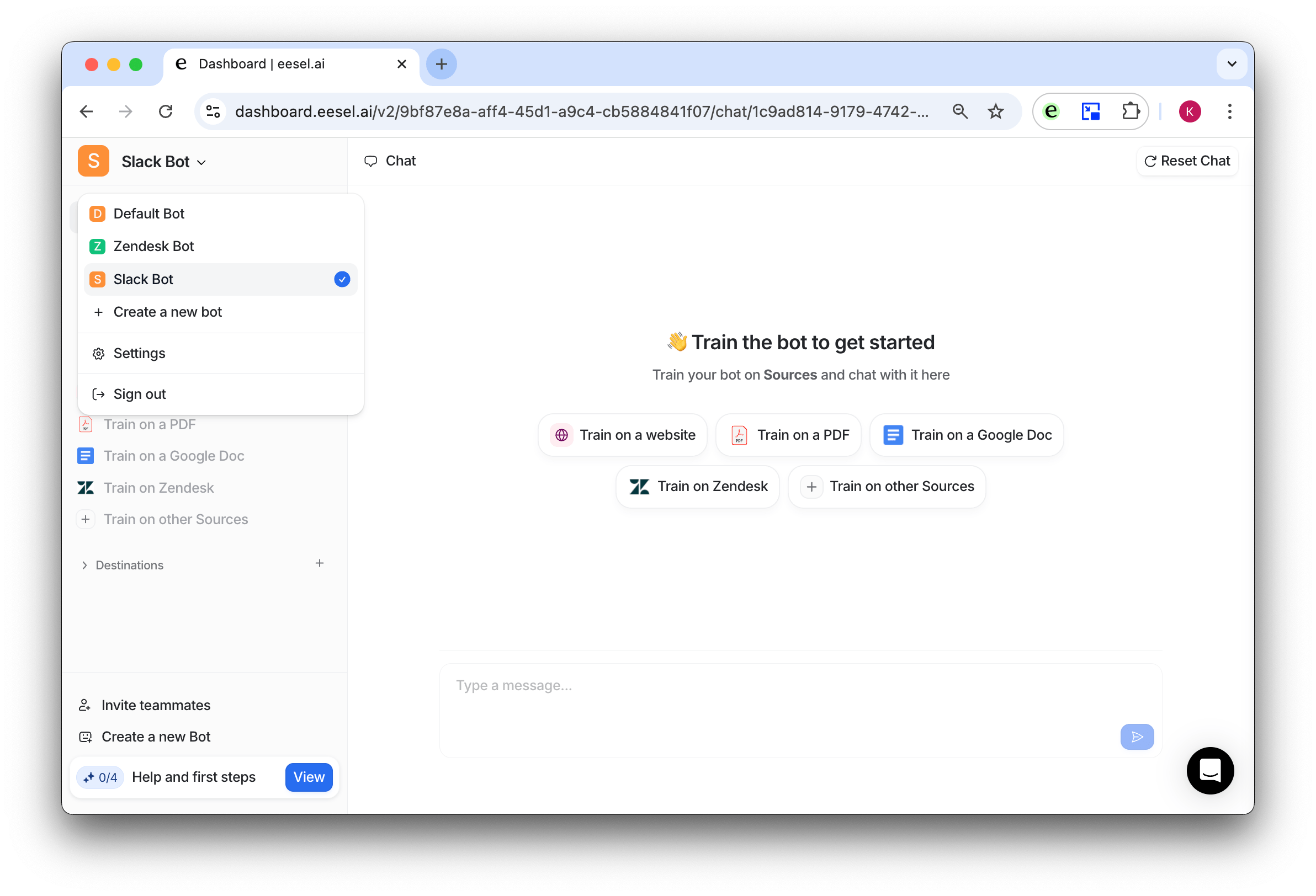 screenshot of dashboard showing bots to train with google docs