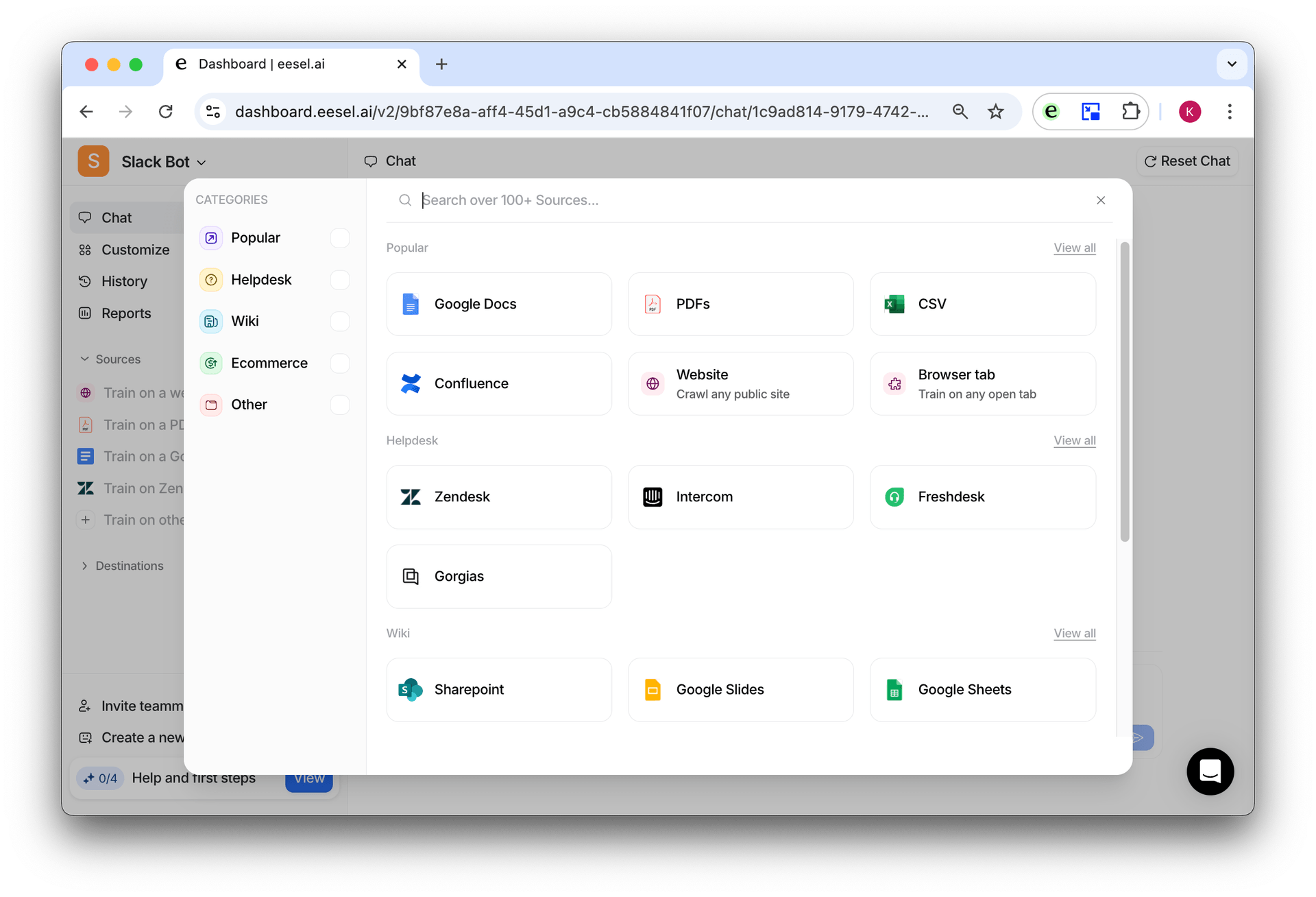 Source menu for the AI bot to train on google docs