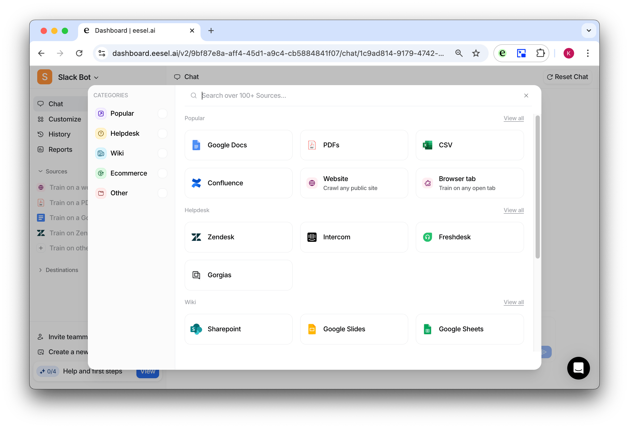 Source menu for the AI bot to train on google docs