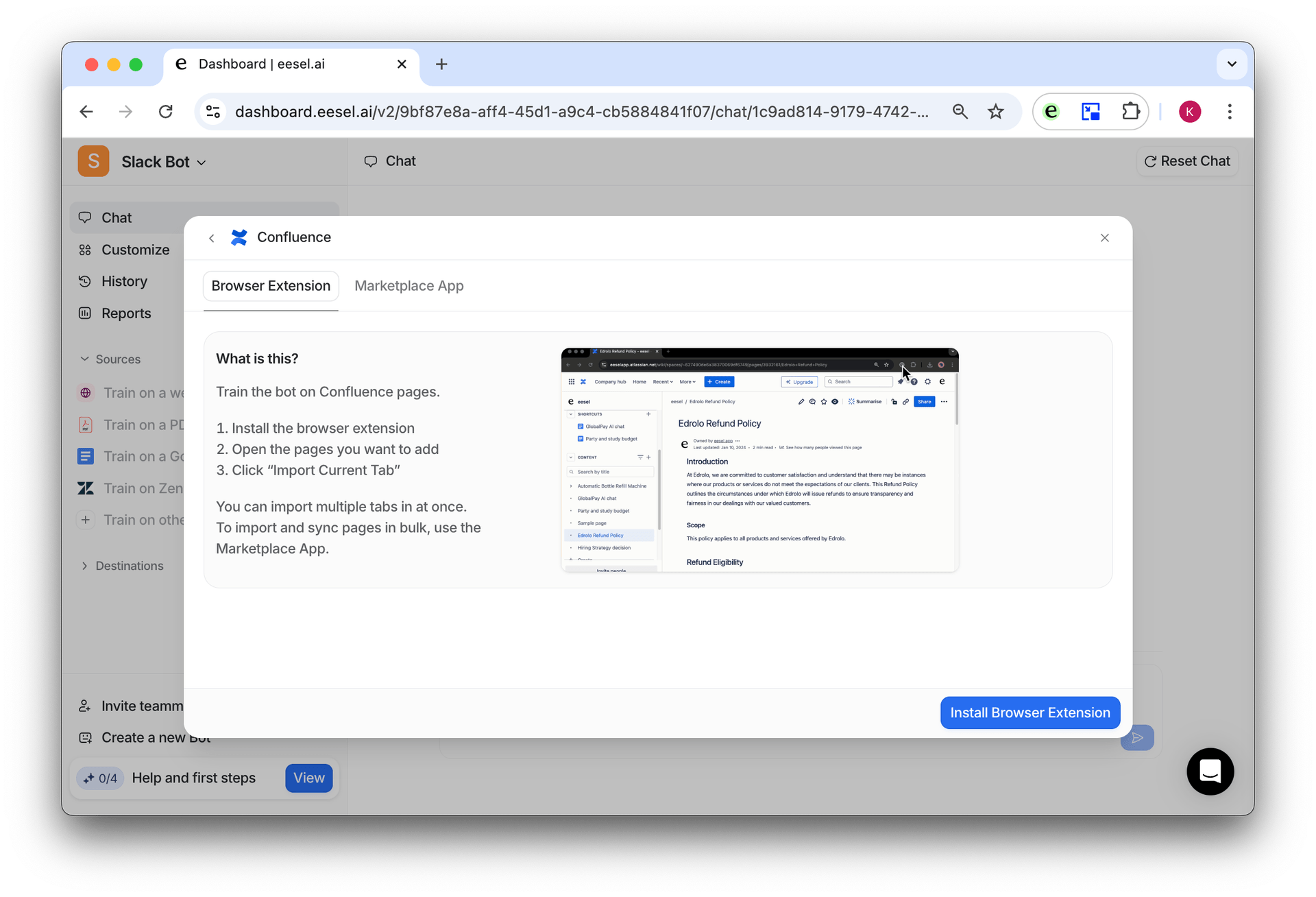 screenshot of confluence source menu to install browser extension