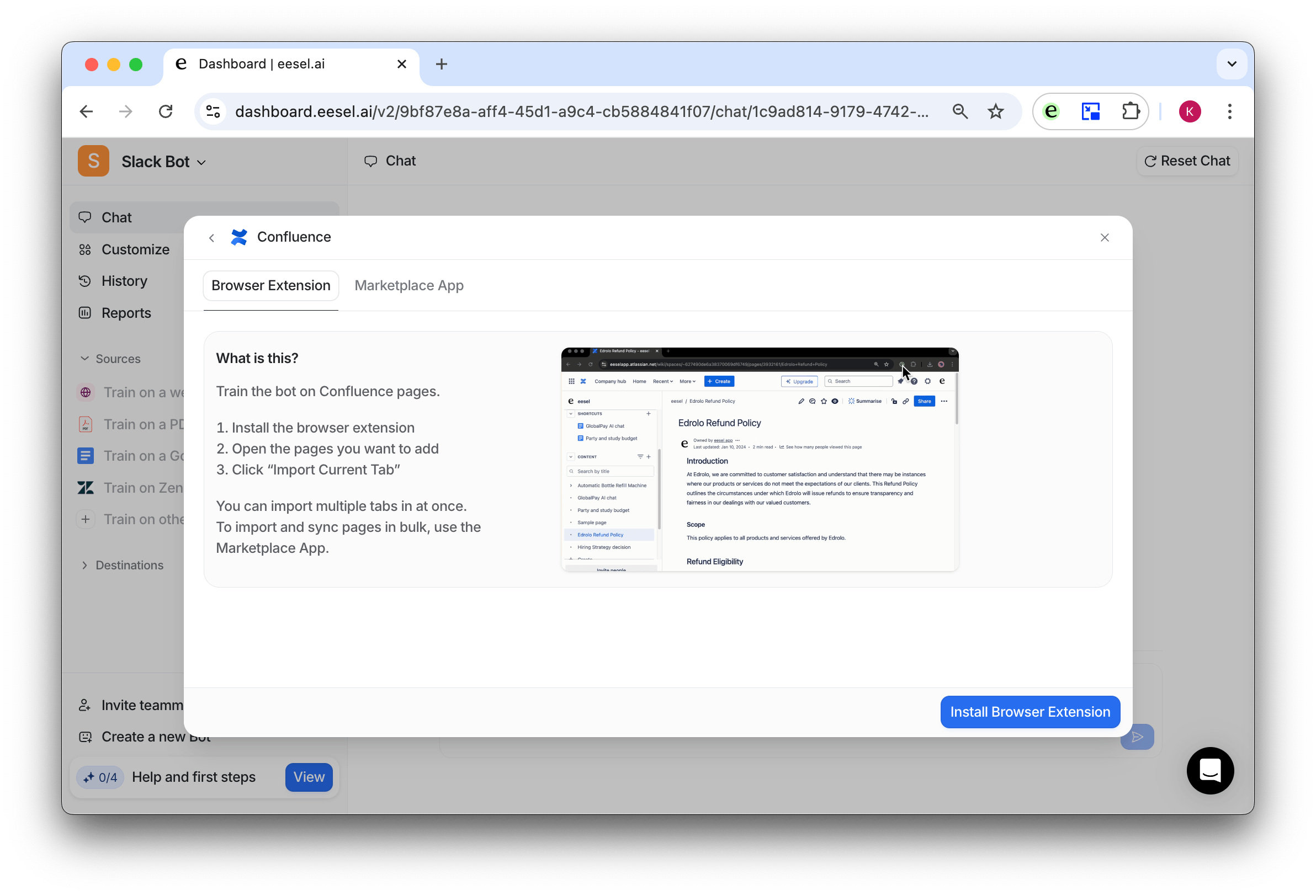 screenshot of confluence source menu to install browser extension