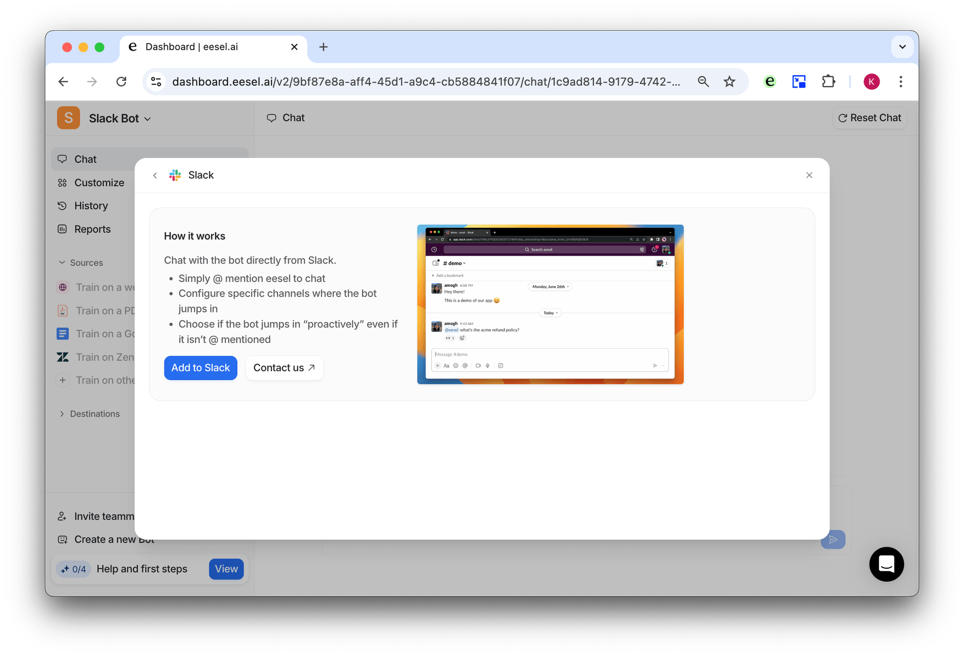 Destination screen for Slack to add Google Docs