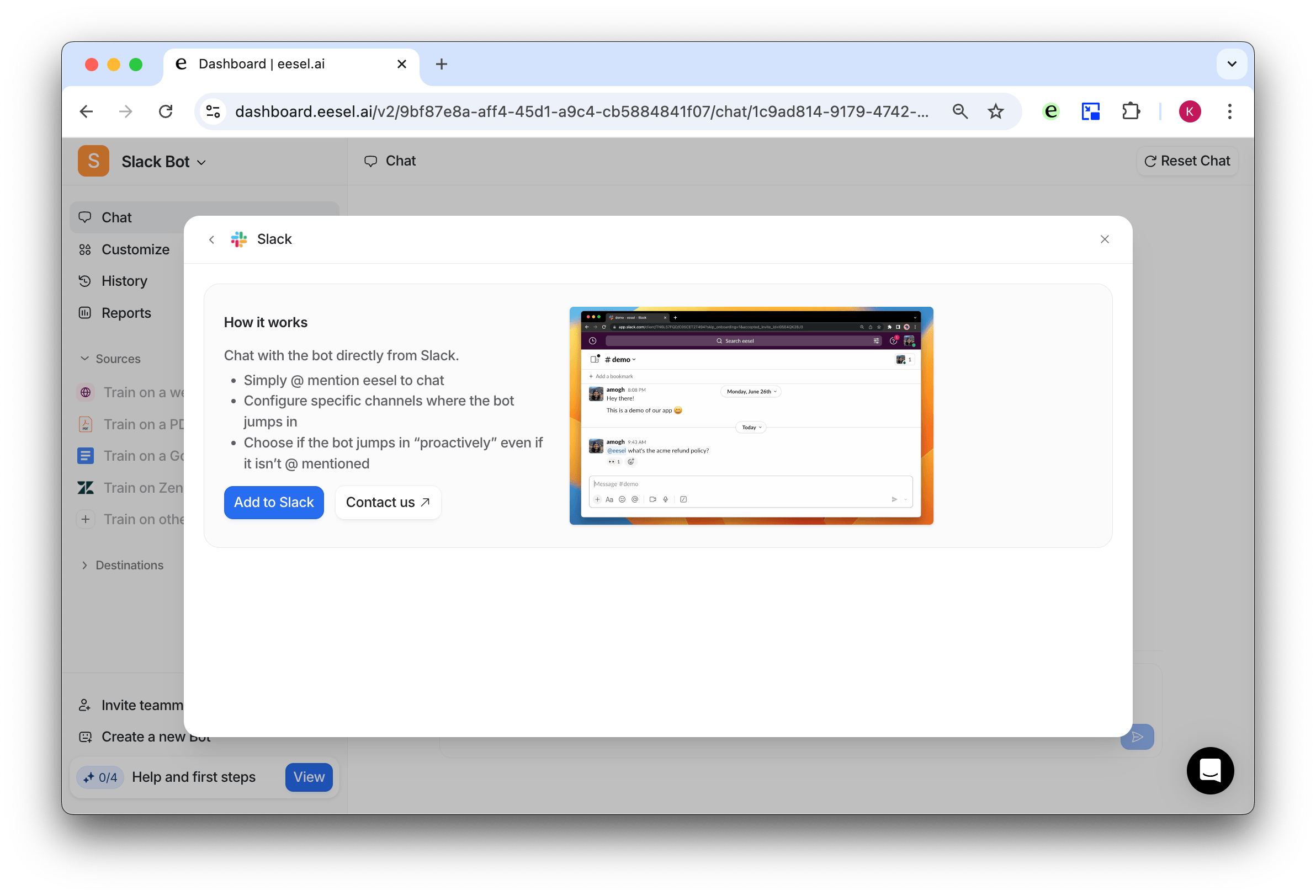 Destination screen for Slack to add Google Docs