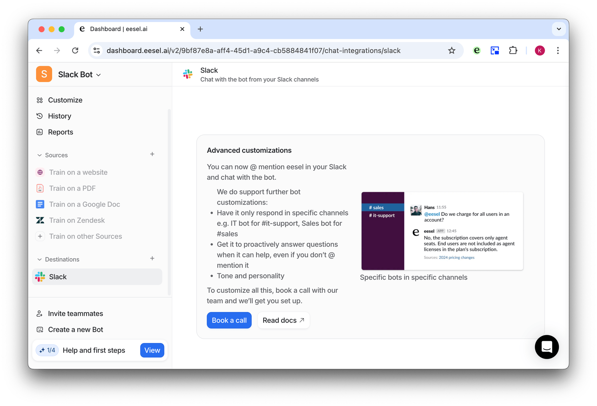 Screenshot of the dashboard showing how to call and what options for slack and google docs