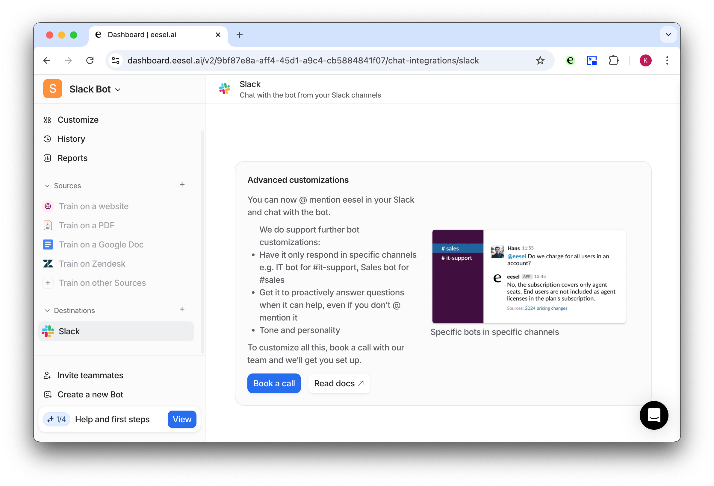 Screenshot of the dashboard showing how to call and what options for slack and google docs