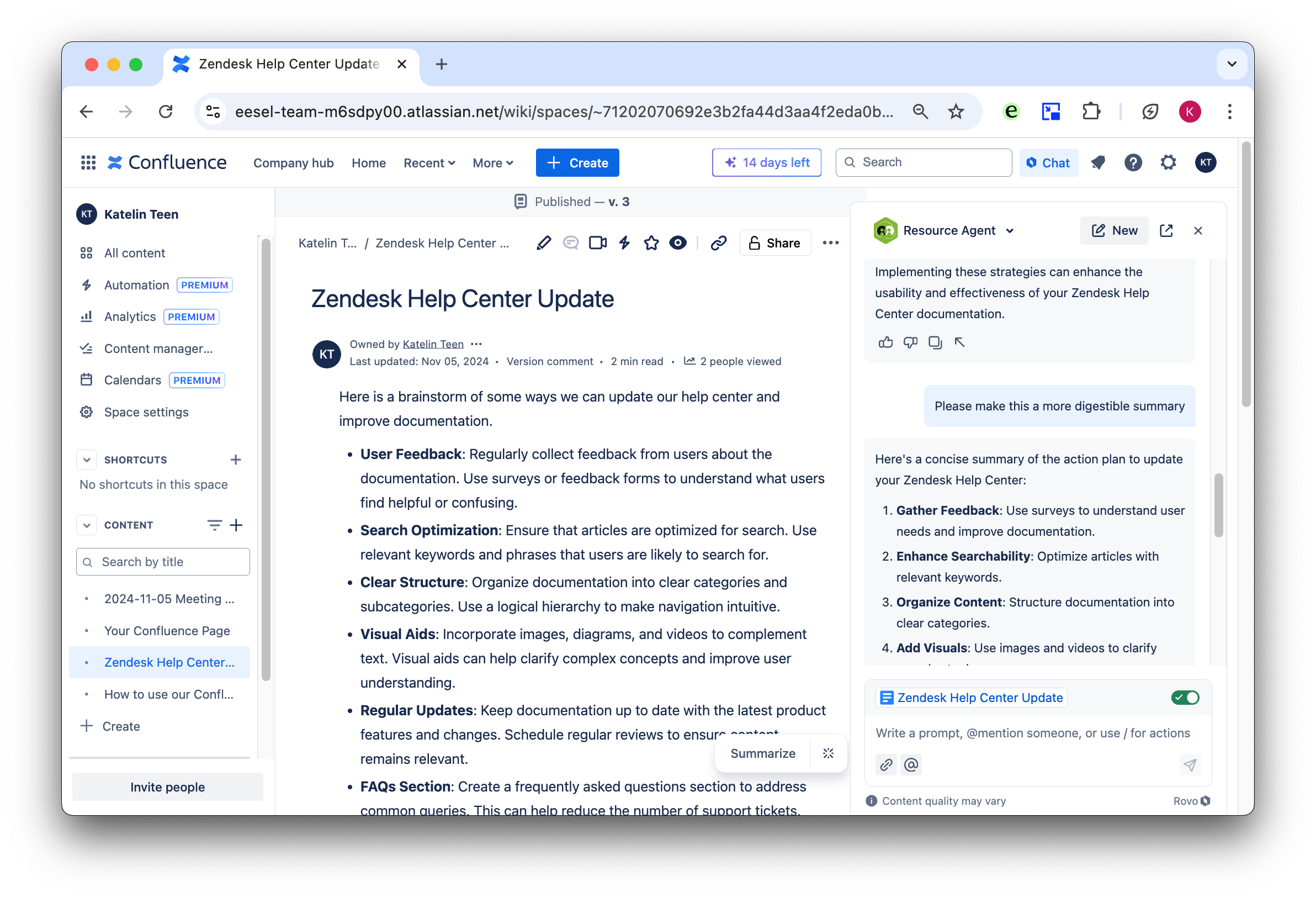 screenshot of rovo agent being tested inside confluence