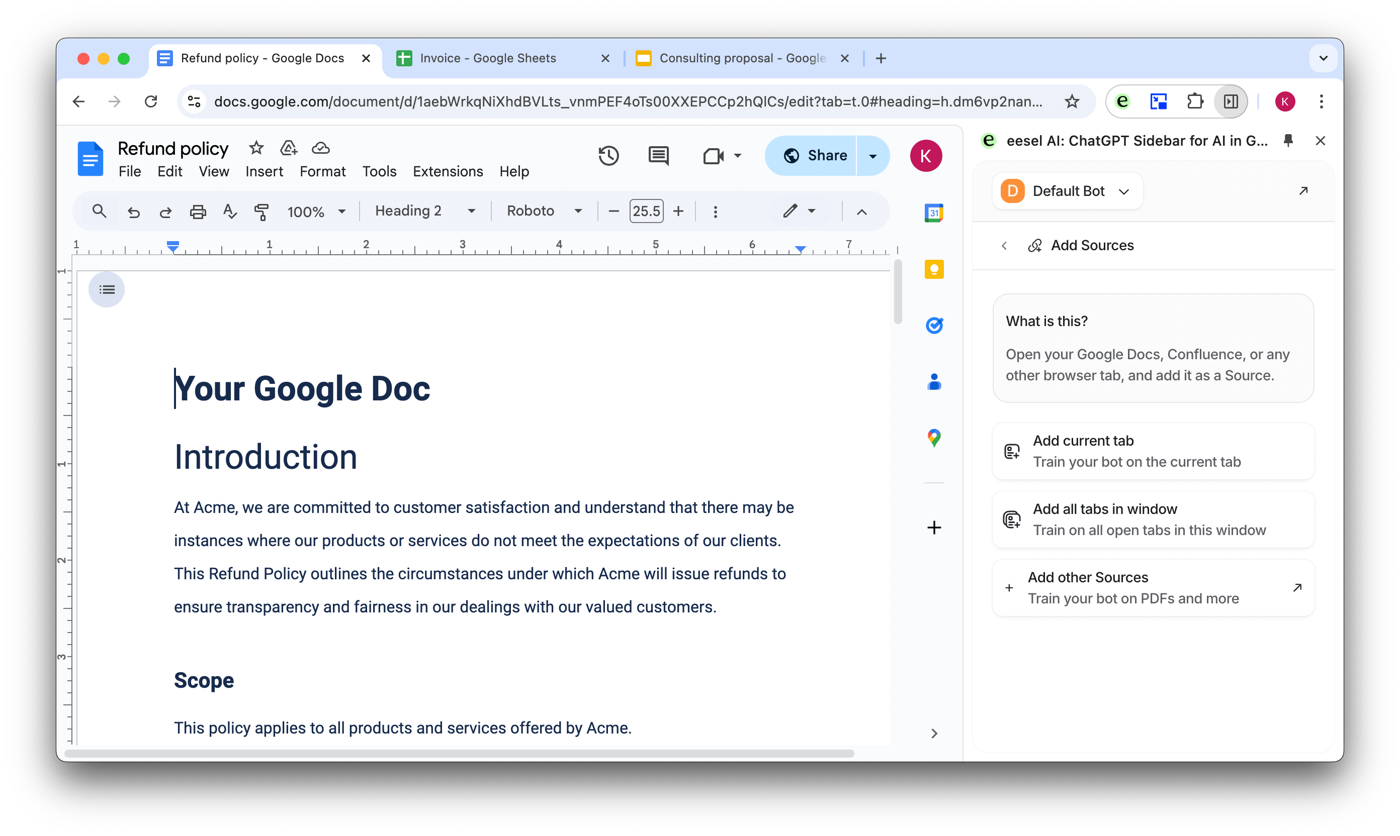 screenshot of the eesel AI extension open to add docs, sheets, slides from google drive as sources for the assistant