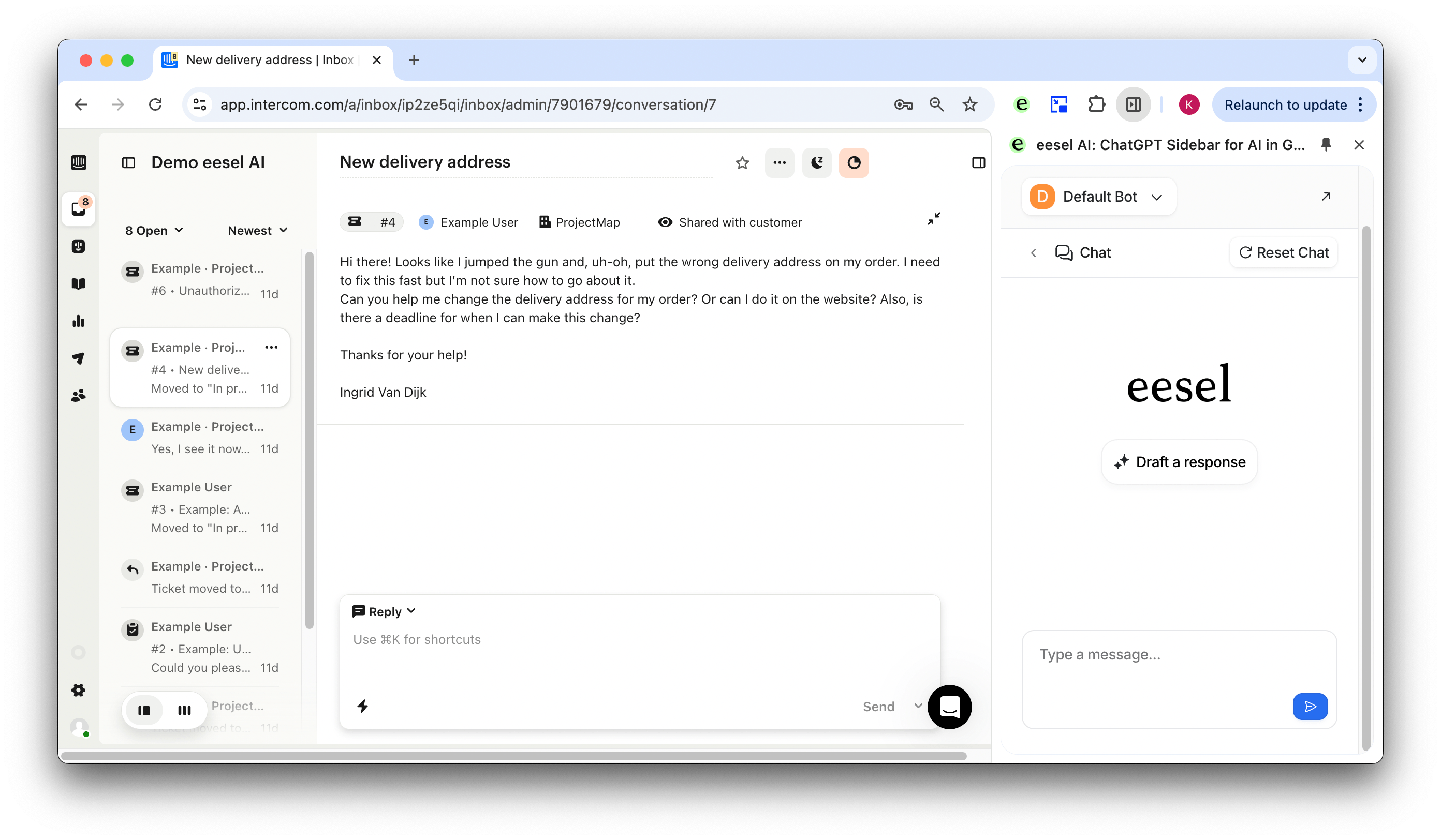 A screenshot of the Intercom inbox with eesel AI as an AI assistant helping to draft replies