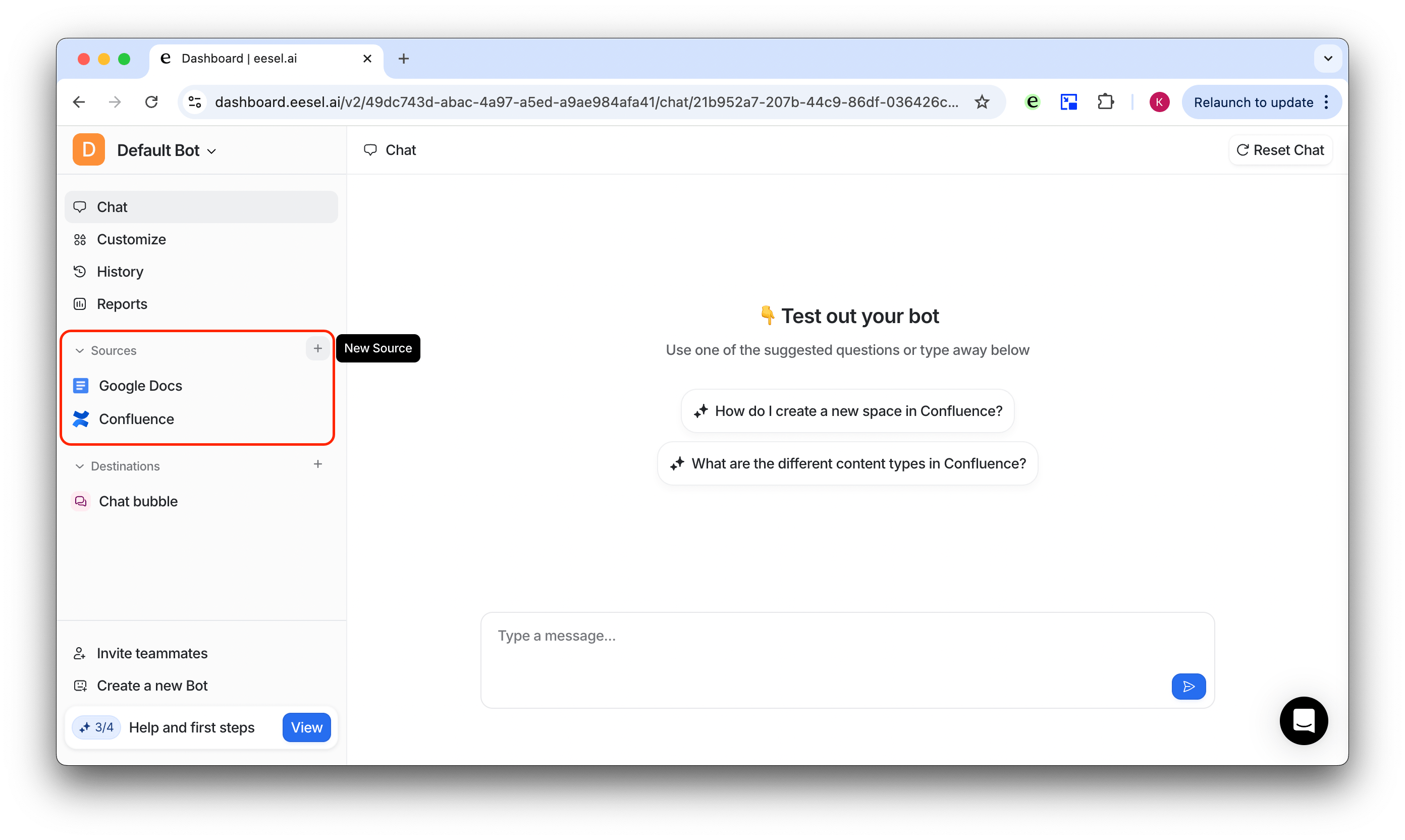 Screenshot of adding a source to the AI assistant